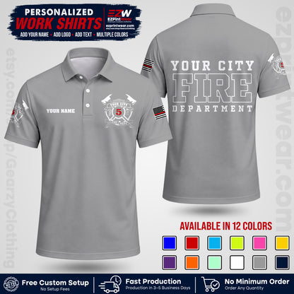 Custom Fire Department Shirt with Name, City Logo & Text | Firefighter Uniform | Button Up Work Shirt FF07