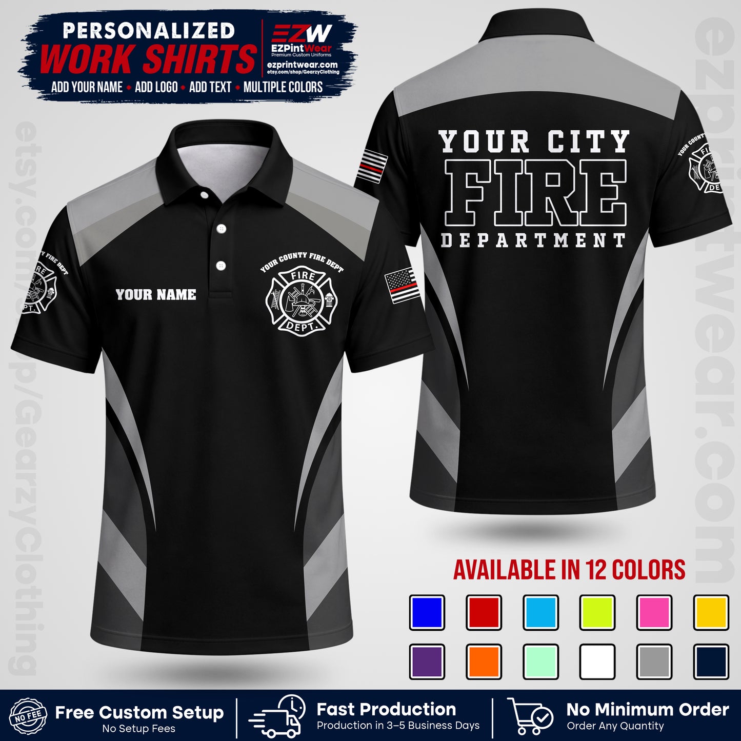 Custom Fire Department Shirt with Name, City Logo & Text | Firefighter Uniform | Button Up Work Shirt FF02