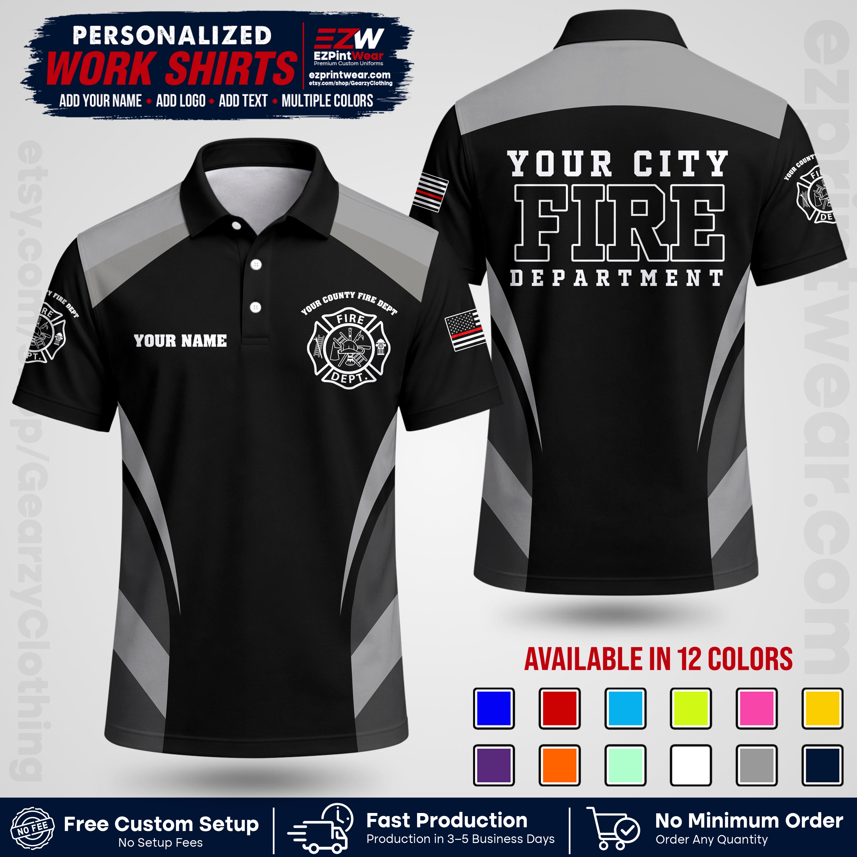 Custom Fire Department Shirt with Name, City Logo & Text | Firefighter Uniform | Button Up Work Shirt FF02