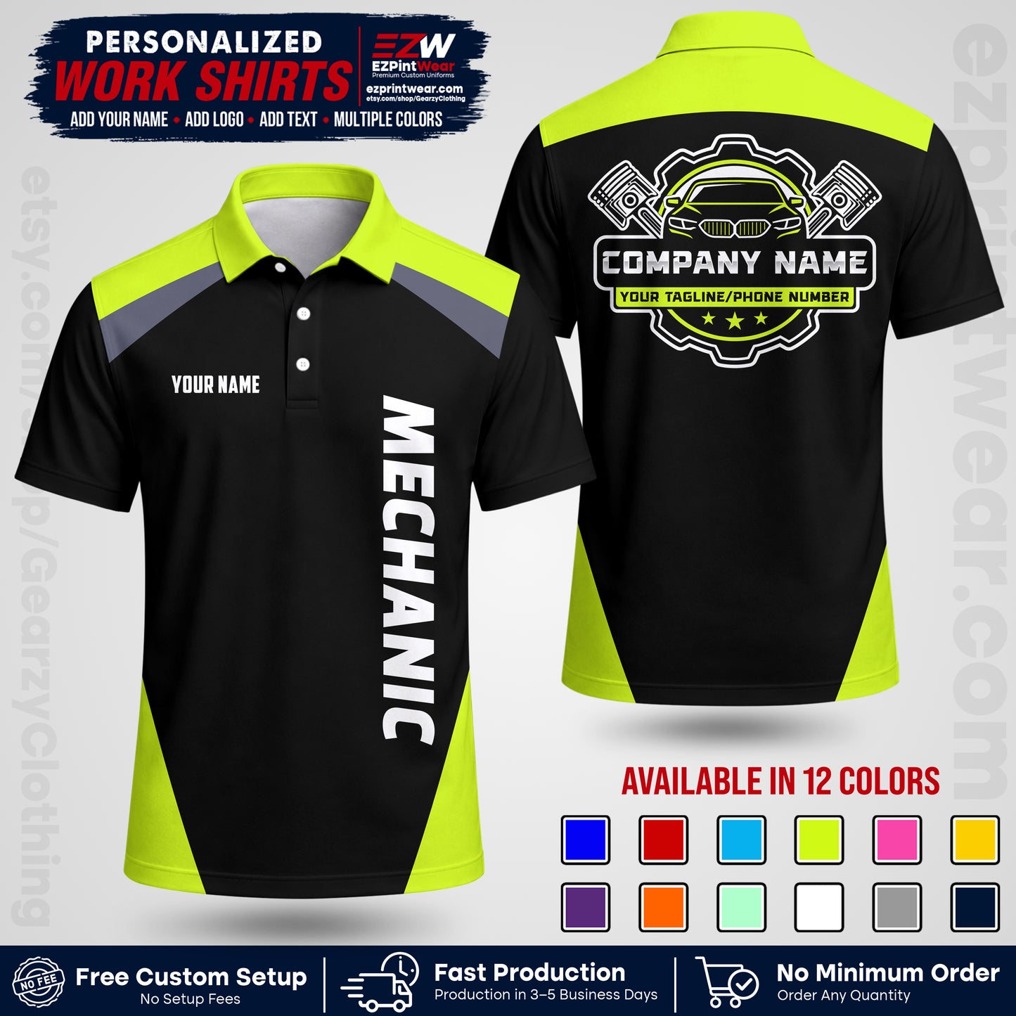 Custom Mechanic Work Shirt with Name, Logo & Text | Auto Shop Uniform | Workwear MCN 02