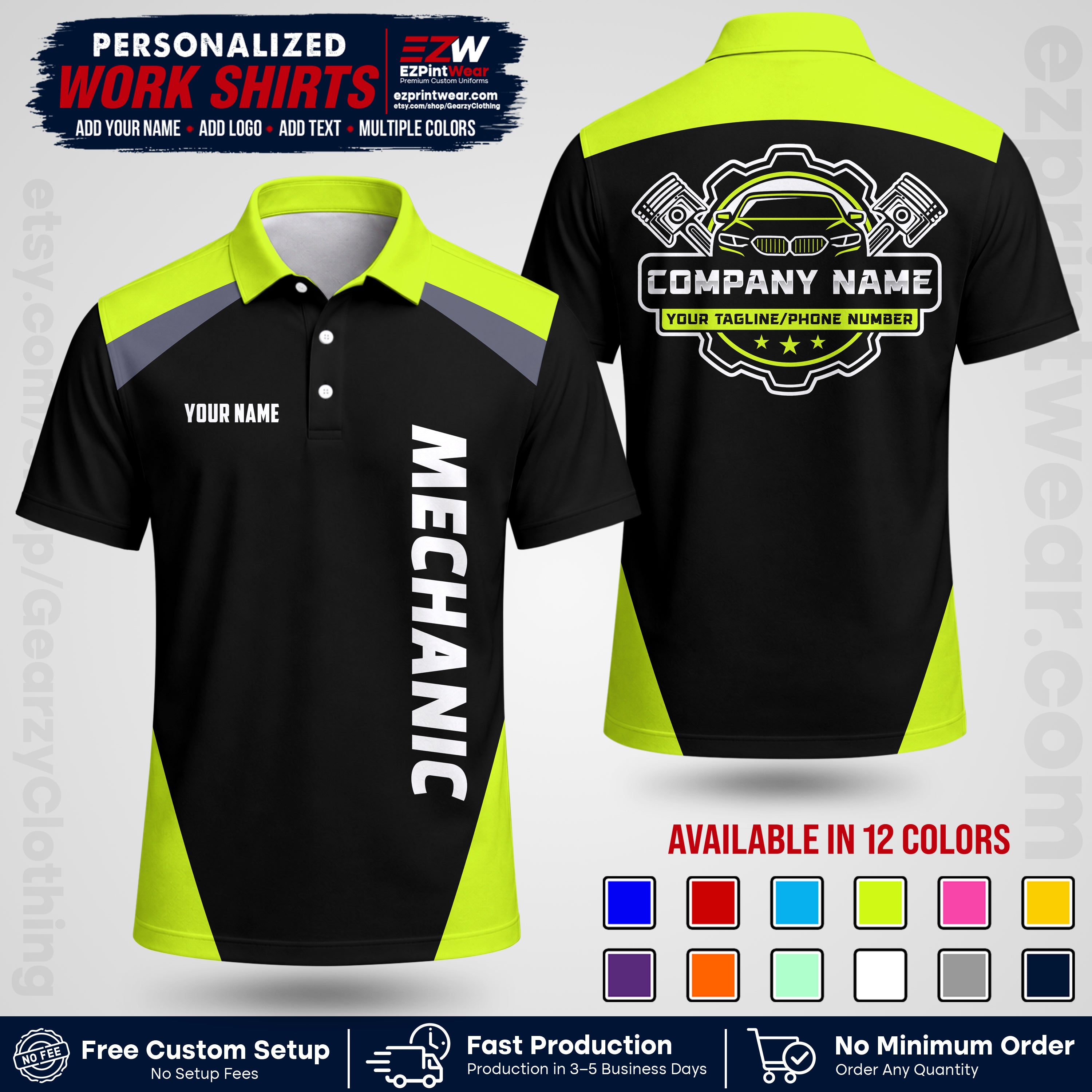 Custom Mechanic Work Shirt with Name, Logo & Text | Auto Shop Uniform | Workwear MCN 02