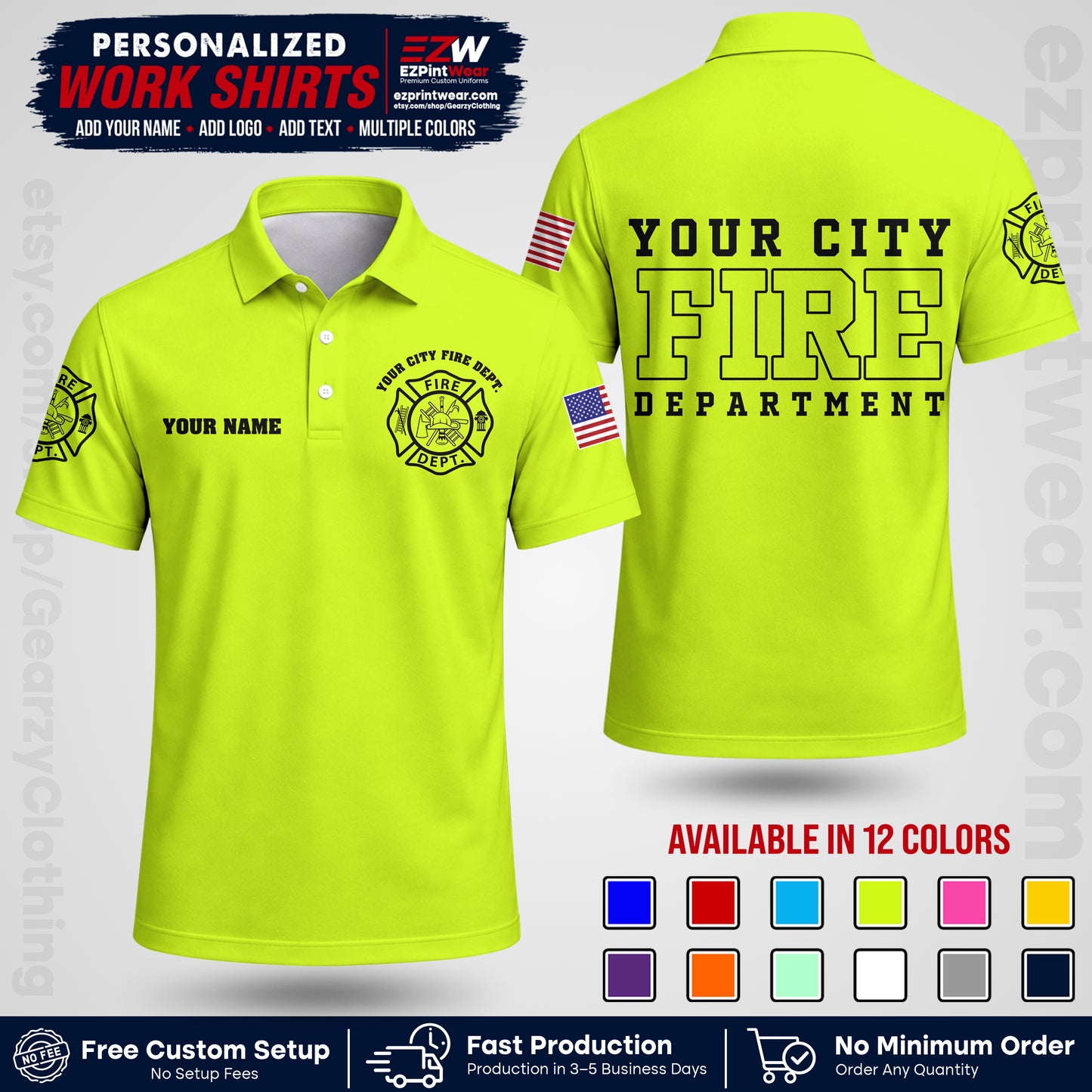 Custom Fire Department Shirt with Name, City Logo & Text | Firefighter Uniform | Button Up Work Shirt FF01