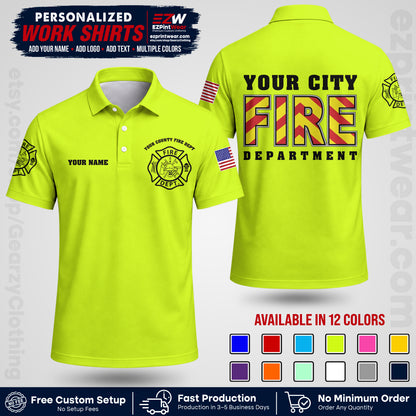 Custom Fire Department Shirt with Name, City Logo & Text | Firefighter Uniform | Button Up Work Shirt FF05