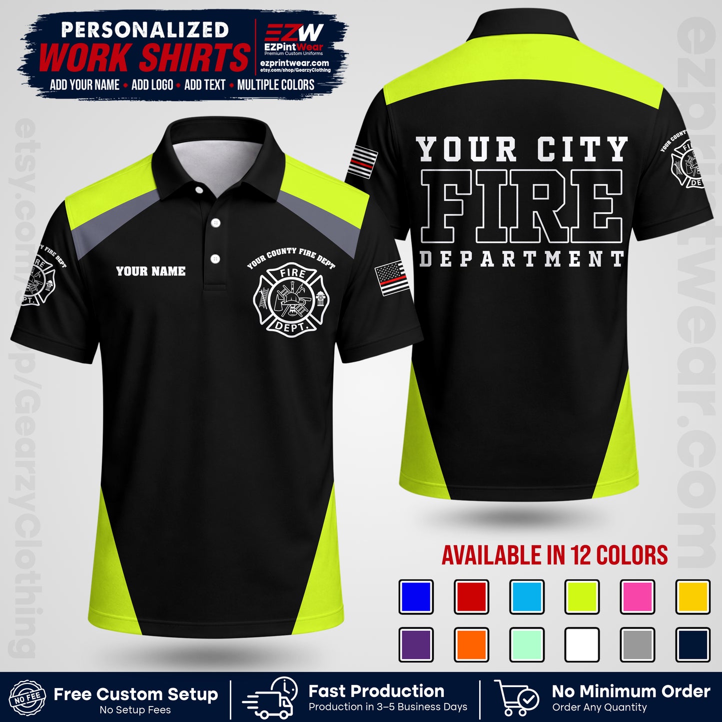 Custom Fire Department Shirt with Name, City Logo & Text | Firefighter Uniform | Button Up Work Shirt FF04