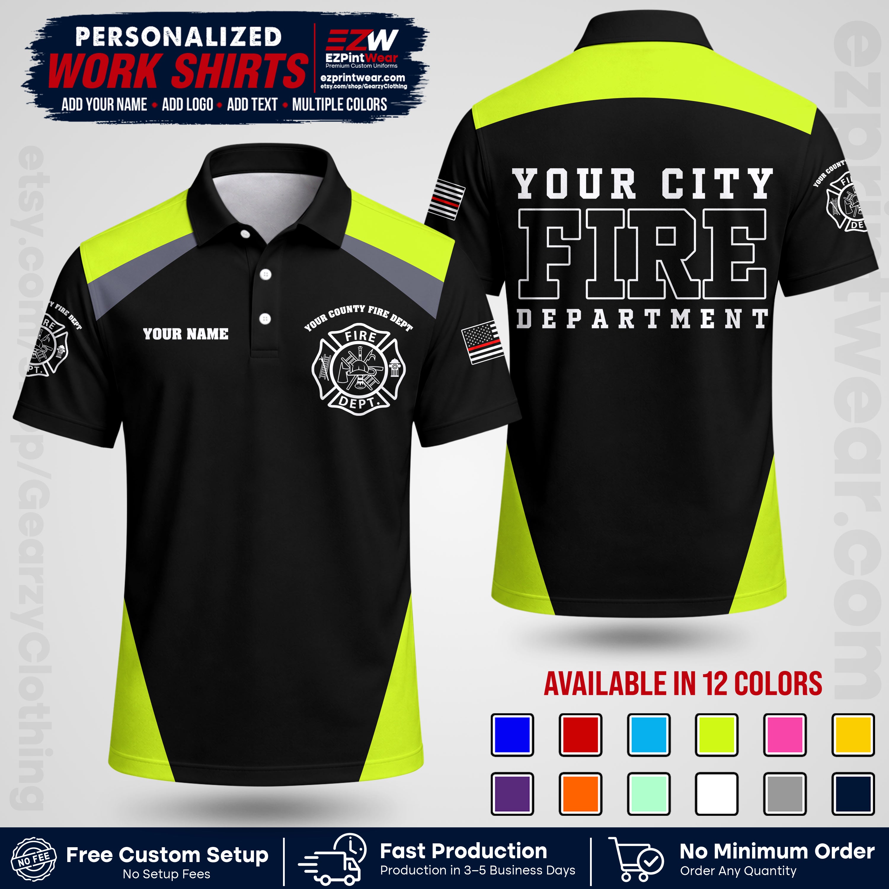 Custom Fire Department Shirt with Name, City Logo & Text | Firefighter Uniform | Button Up Work Shirt FF04