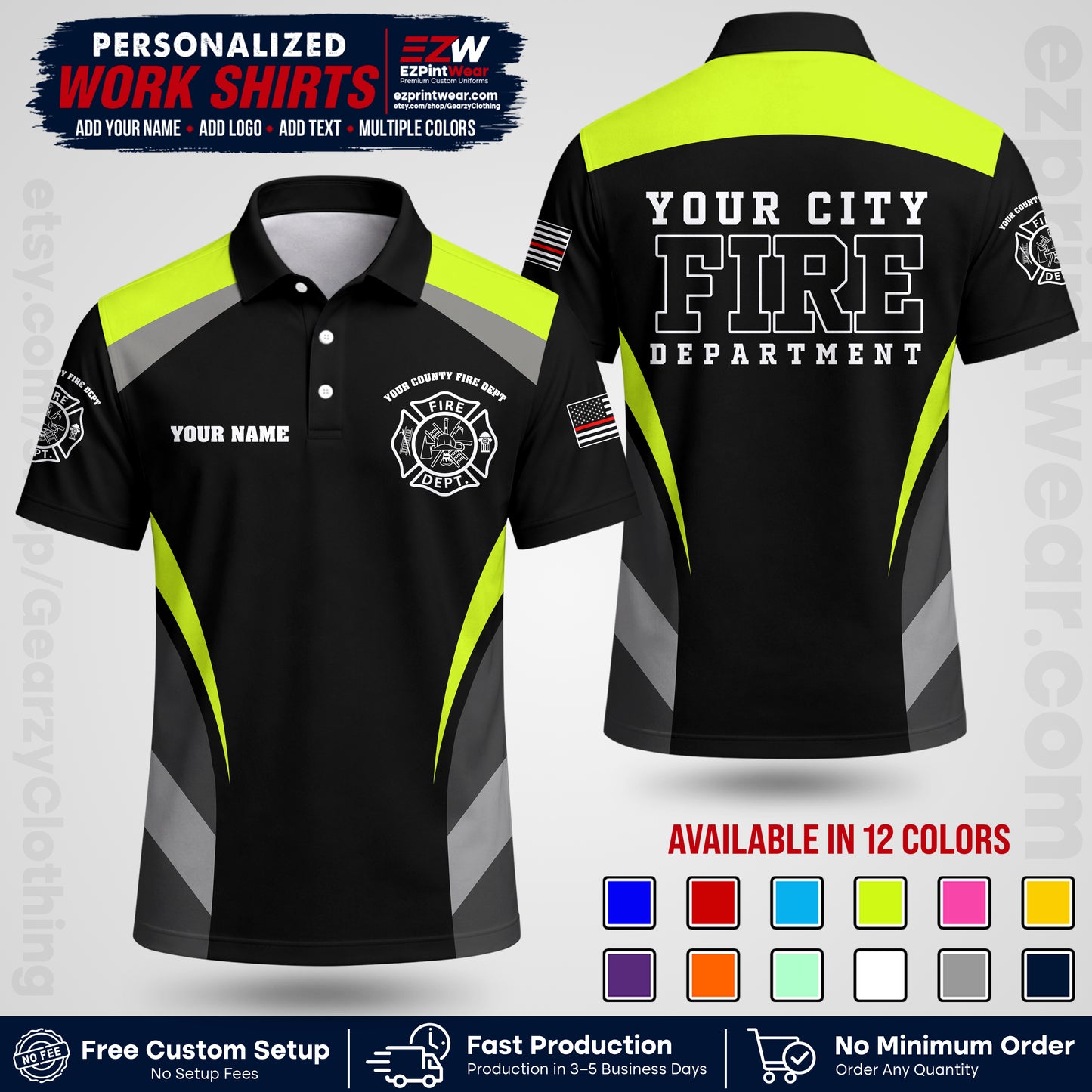 Custom Fire Department Shirt with Name, City Logo & Text | Firefighter Uniform | Button Up Work Shirt FF02