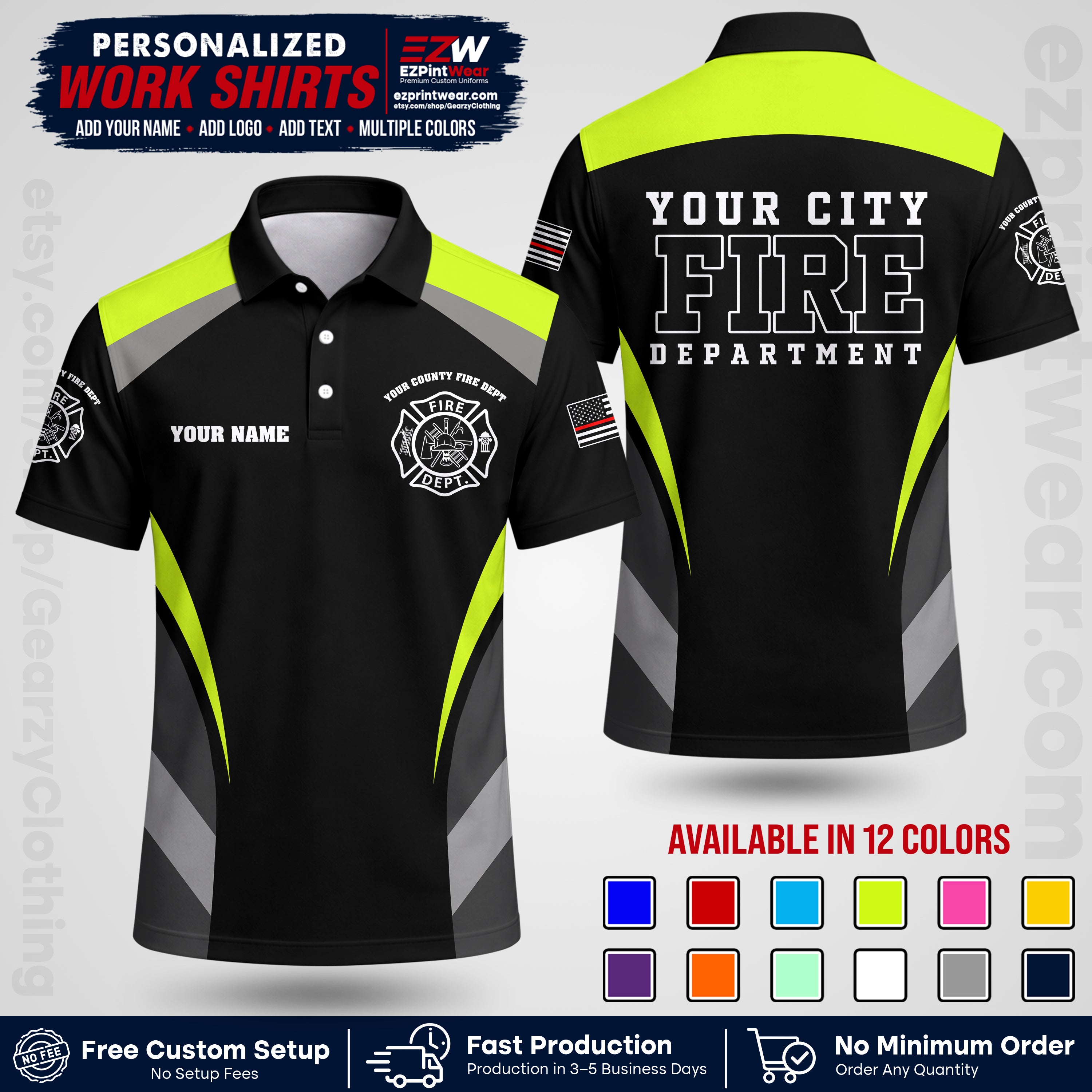 Custom Fire Department Shirt with Name, City Logo & Text | Firefighter Uniform | Button Up Work Shirt FF02