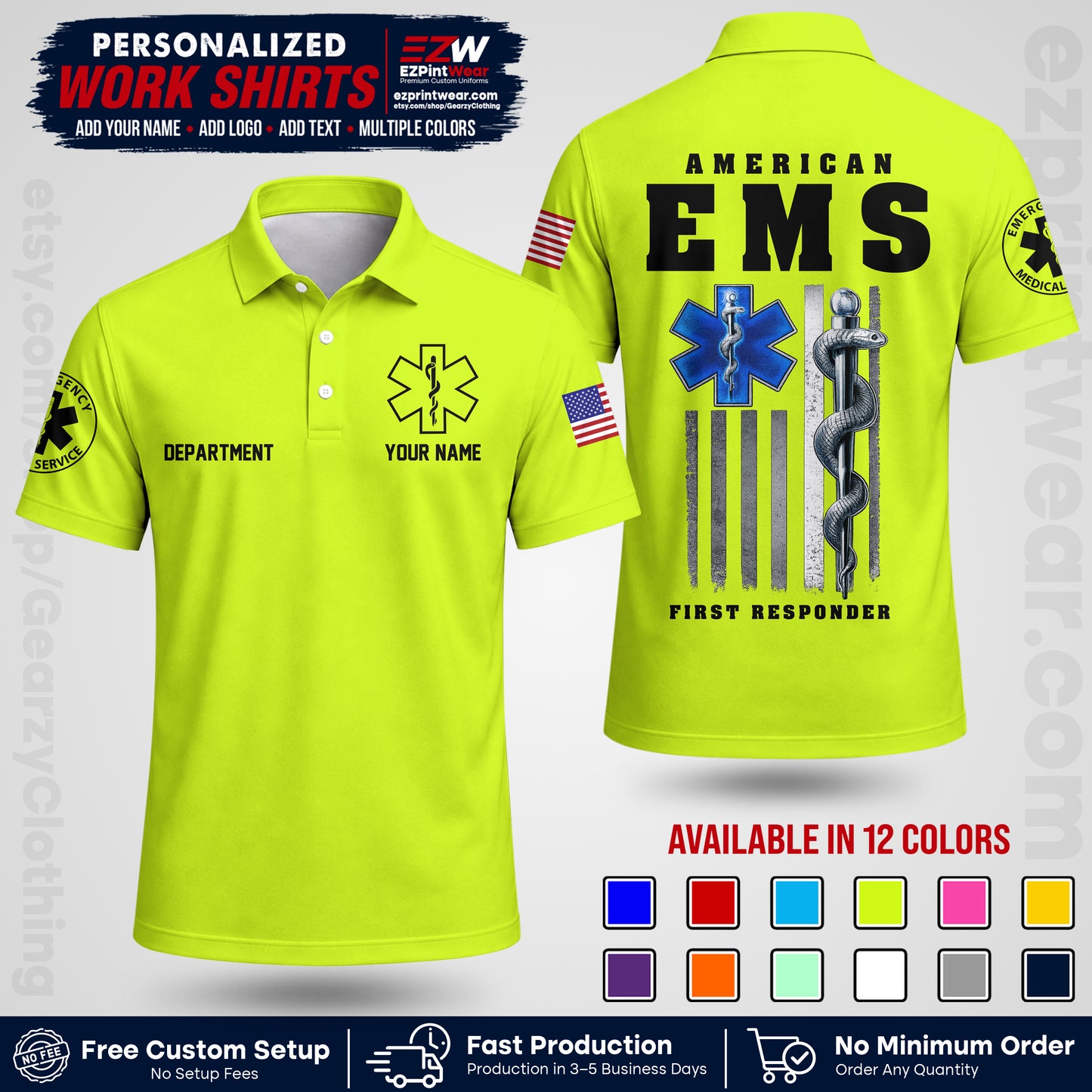Custom EMS Shirt with Name, Logo & Text | EMS Team Uniform | First Responder Workwear EMSU03