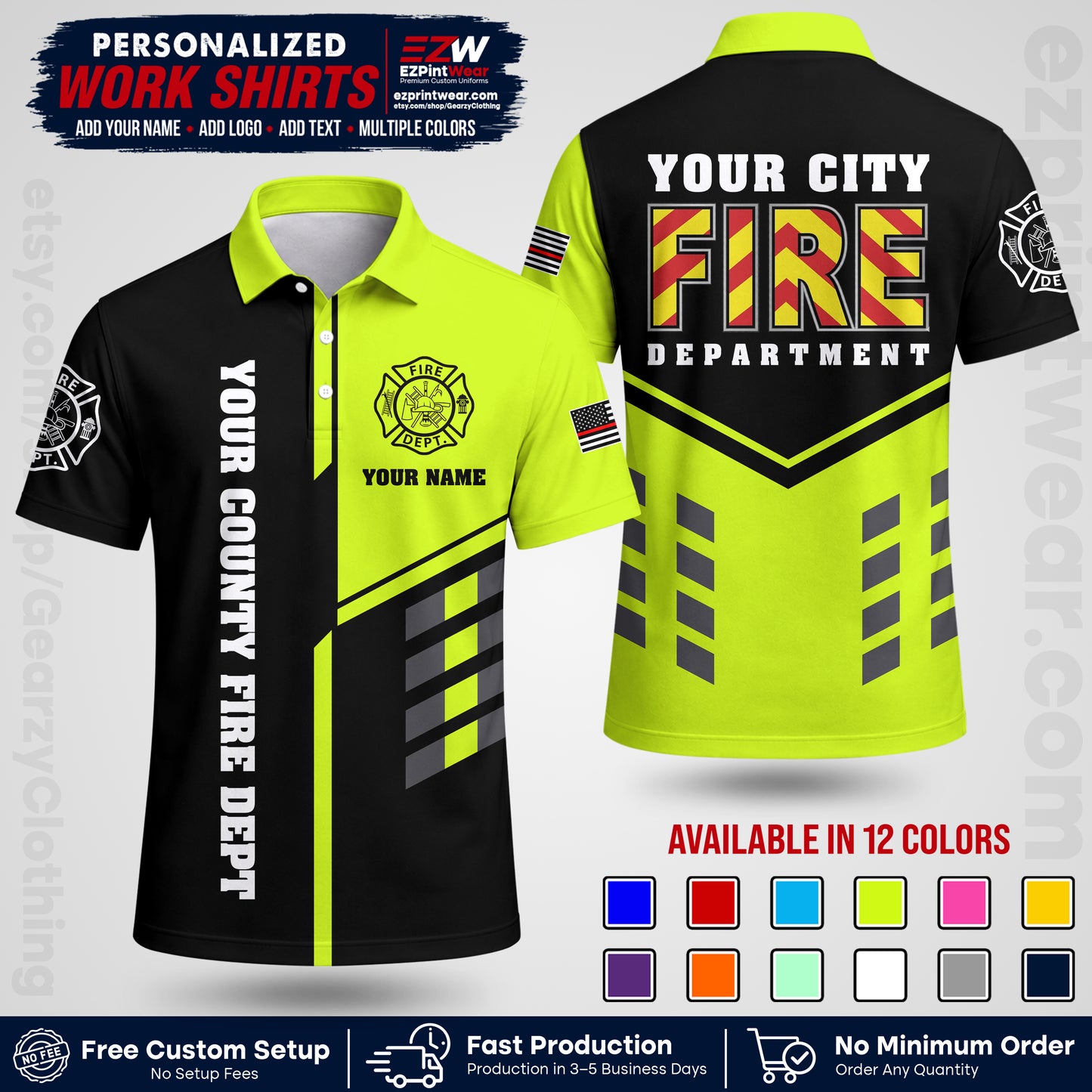 Custom Fire Department Shirt with Name, City Logo & Text | Firefighter Uniform | Button Up Work Shirt FF06