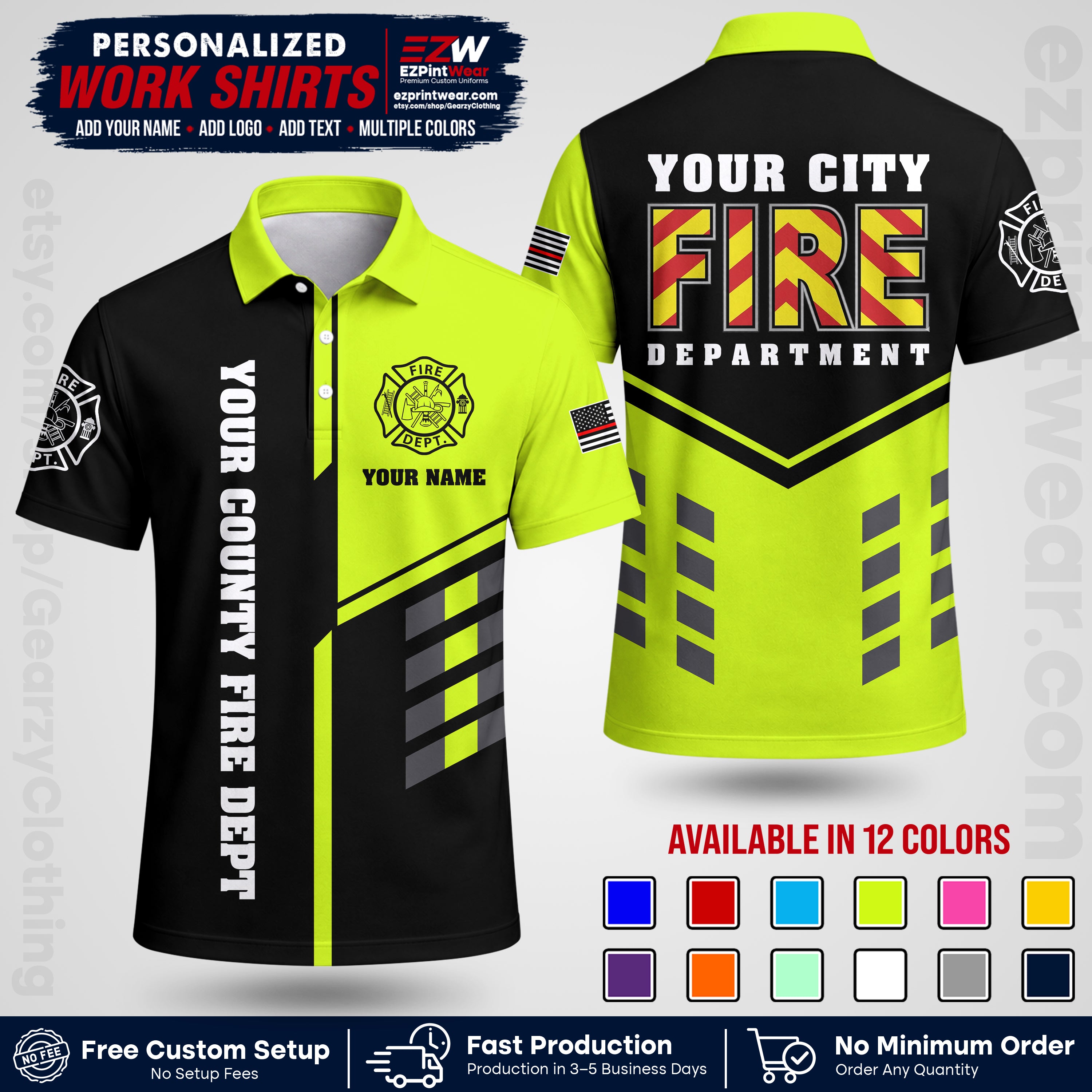 Custom Fire Department Shirt with Name, City Logo & Text | Firefighter Uniform | Button Up Work Shirt FF06