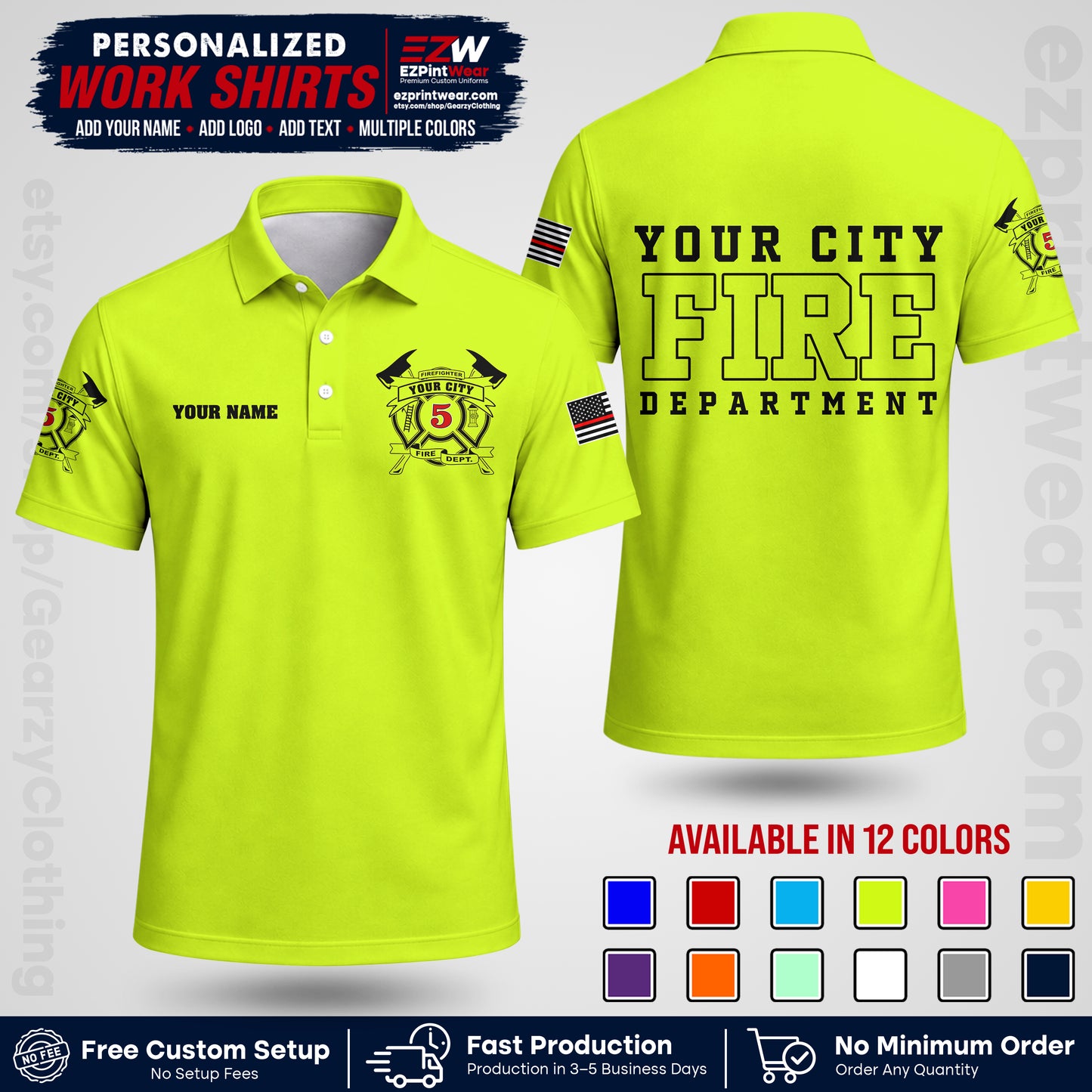 Custom Fire Department Shirt with Name, City Logo & Text | Firefighter Uniform | Button Up Work Shirt FF07