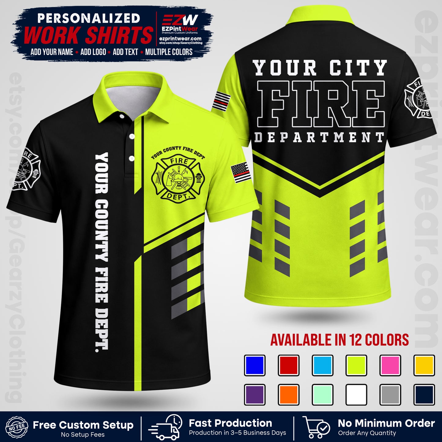 Custom Fire Department Shirt with Name, City Logo & Text | Firefighter Uniform | Button Up Work Shirt FF03