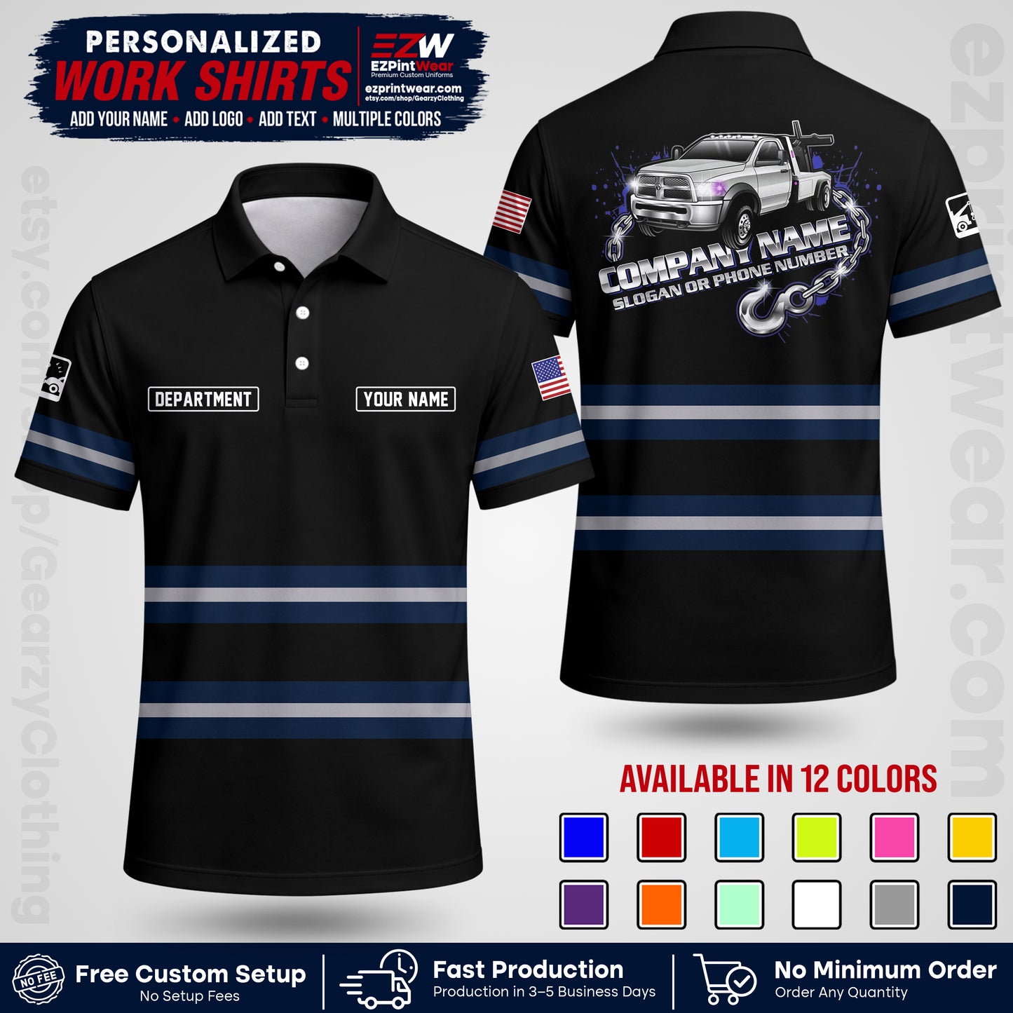 Custom Towing Workwear Uniform | Personalized Tow Truck Shirt | Non-Reflective Safety Stripe Apparel | Custom Towing Shirt | Tow Truck Apparel TW05
