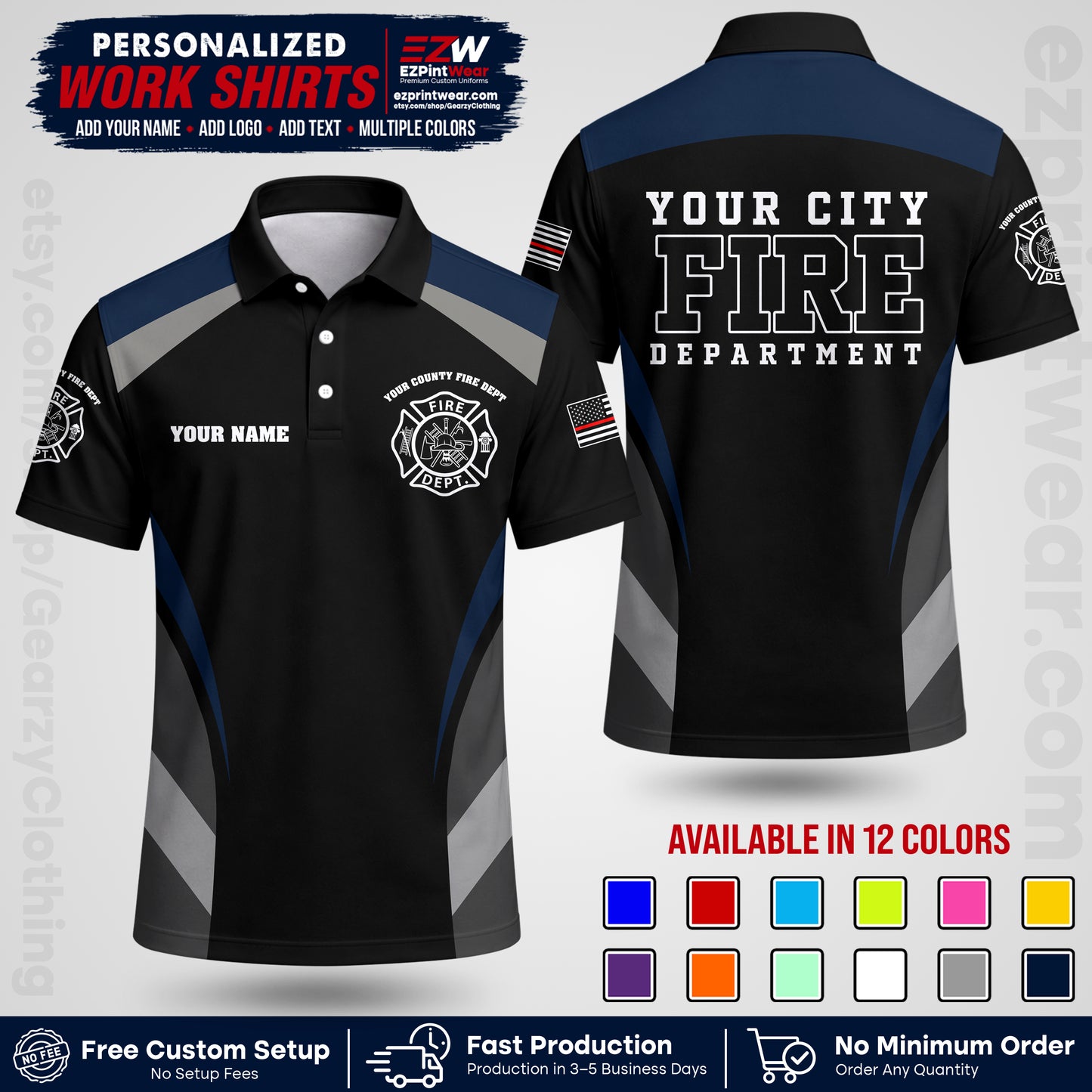 Custom Fire Department Shirt with Name, City Logo & Text | Firefighter Uniform | Button Up Work Shirt FF02