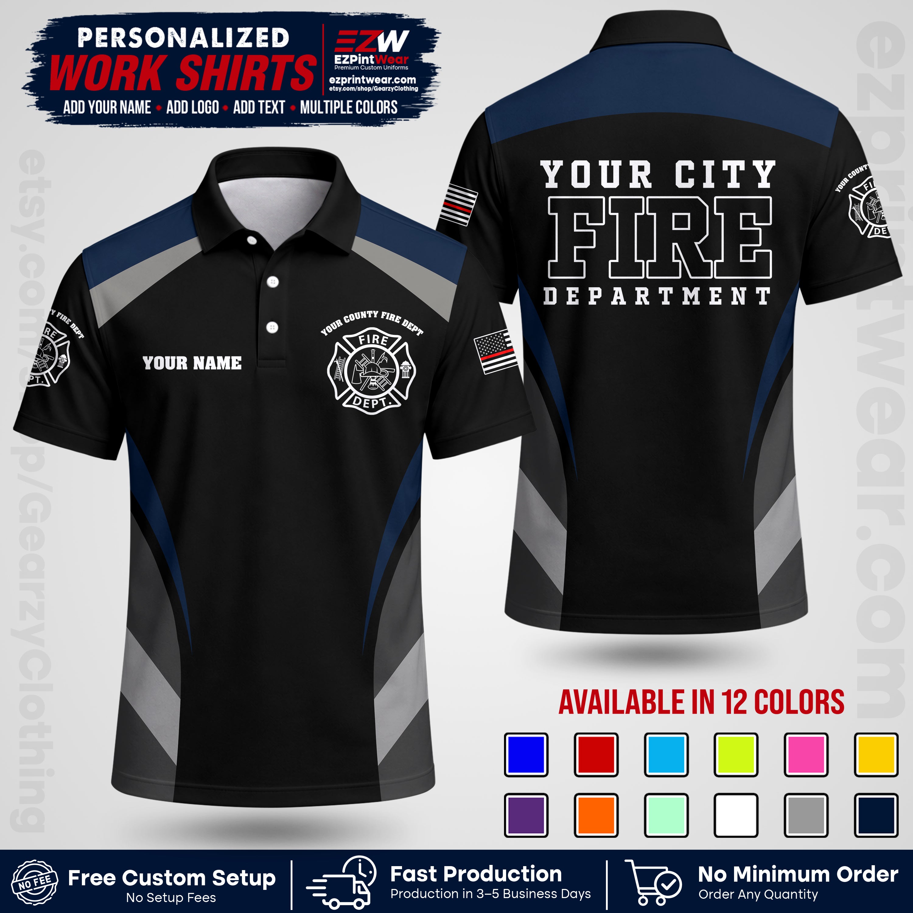Custom Fire Department Shirt with Name, City Logo & Text | Firefighter Uniform | Button Up Work Shirt FF02