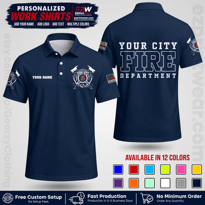 Custom Fire Department Shirt with Name, City Logo & Text | Firefighter Uniform | Button Up Work Shirt FF07