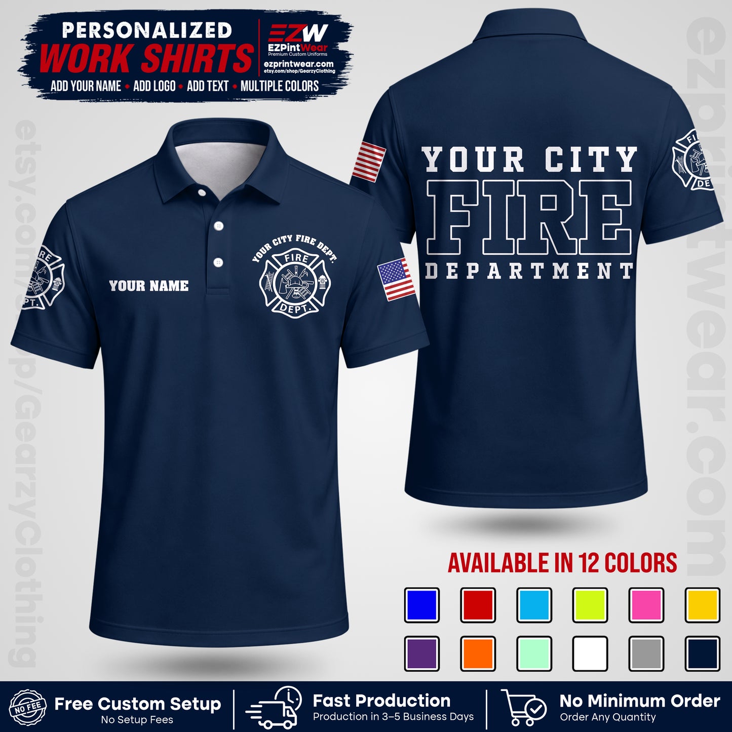 Custom Fire Department Shirt with Name, City Logo & Text | Firefighter Uniform | Button Up Work Shirt FF01