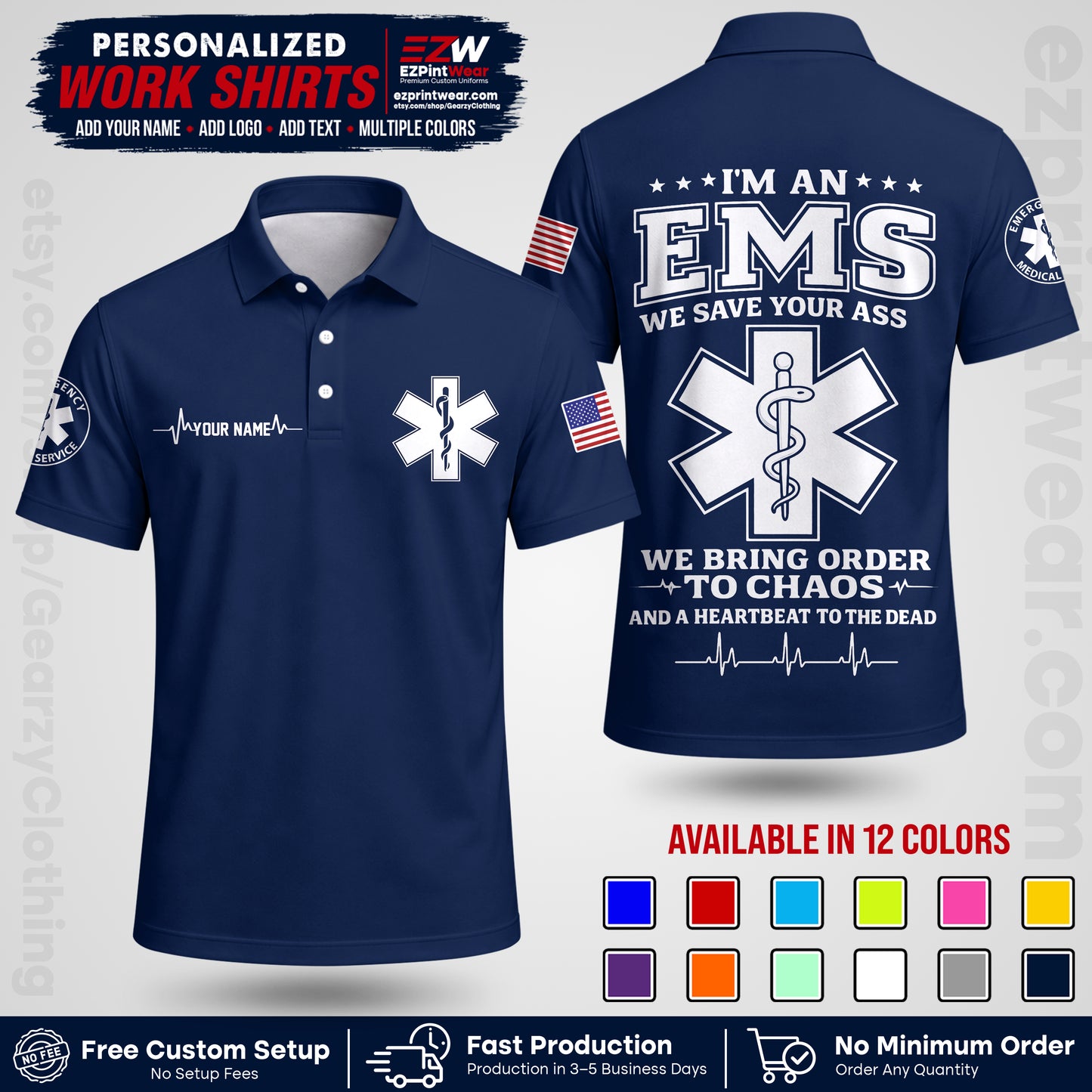 Custom EMS Shirt with Name, Logo & Text | EMS Team Uniform | First Responder Workwear EMSU05