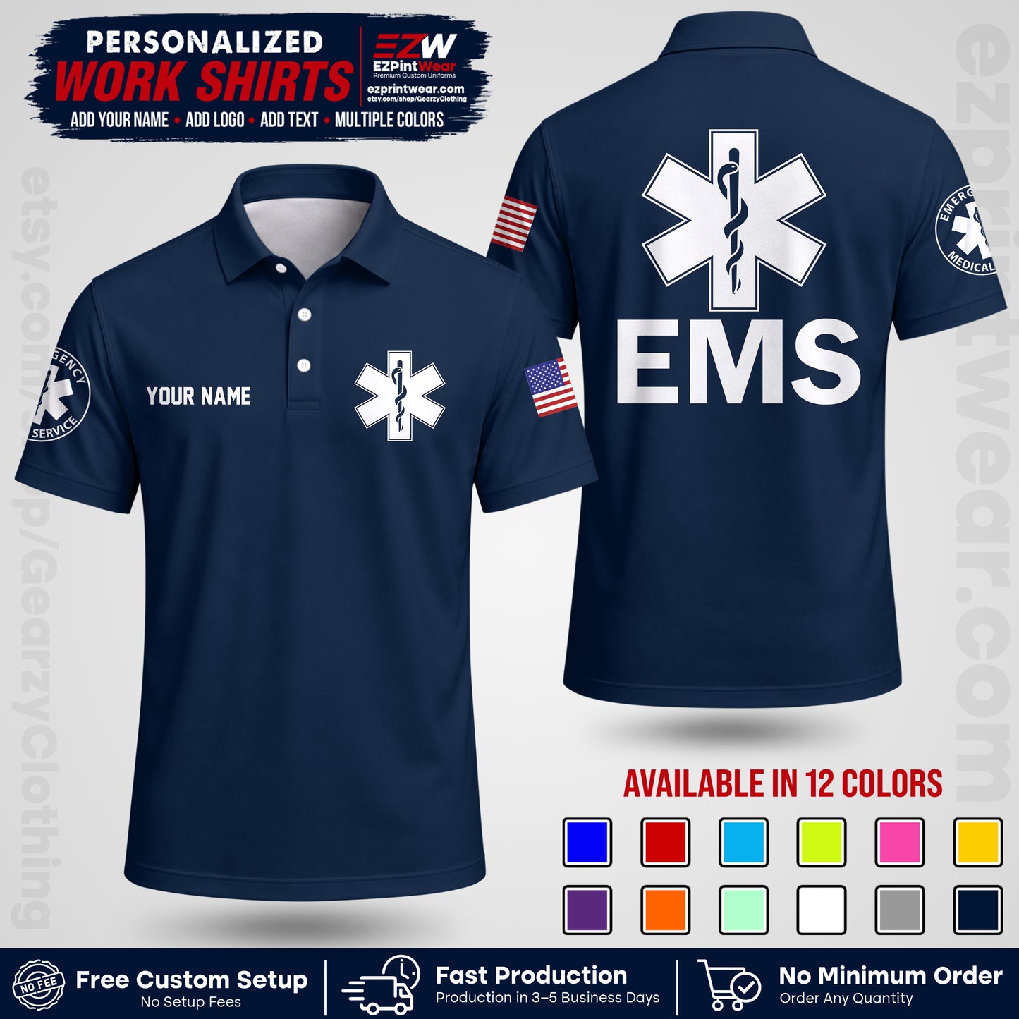 Custom EMS Shirt with Name, Logo & Text | EMS Team Uniform | First Responder Workwear EMSU02