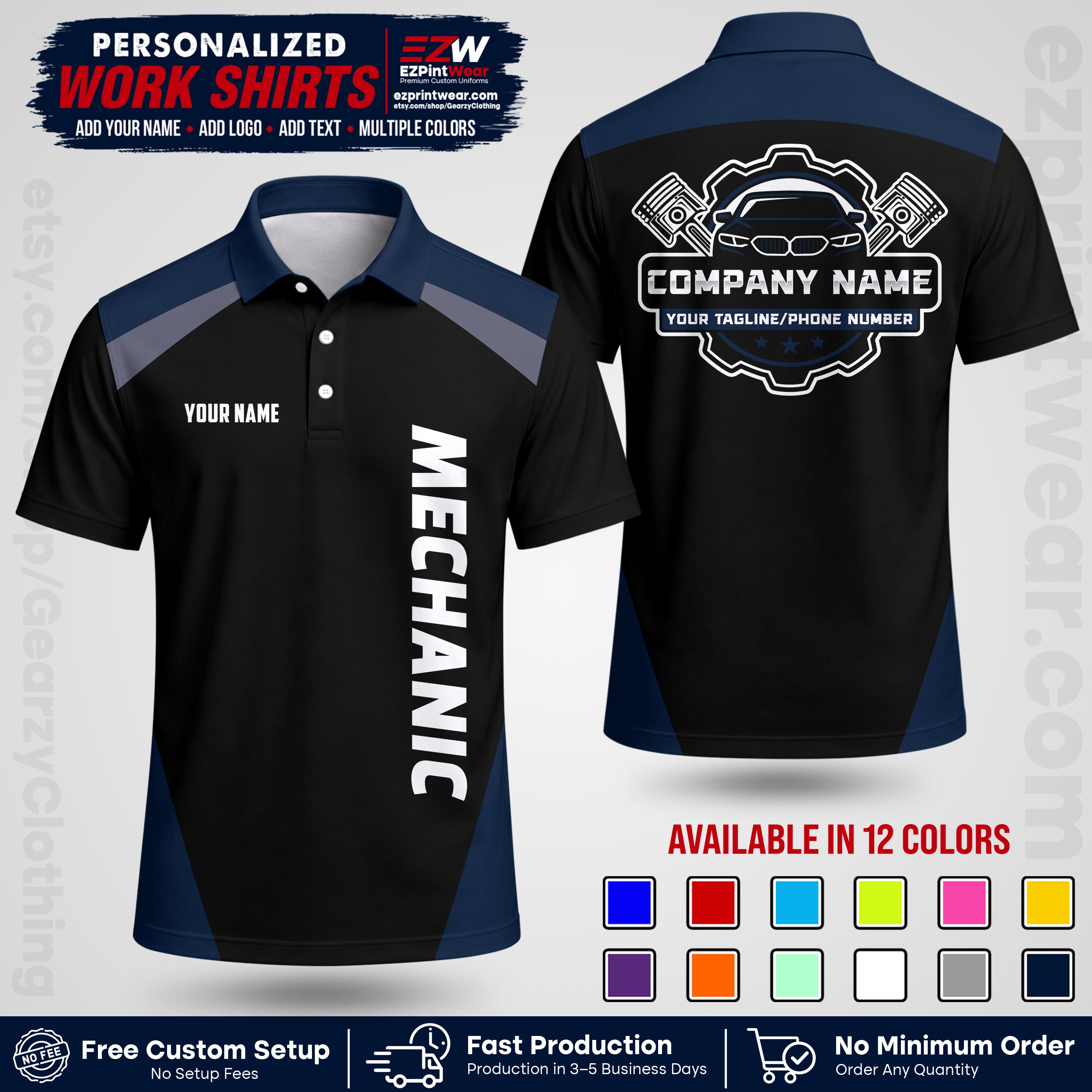 Custom Mechanic Work Shirt with Name, Logo & Text | Auto Shop Uniform | Workwear MCN 02