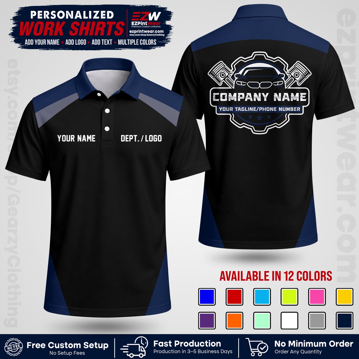 Custom Mechanic Work Shirt with Name, Logo & Text | Auto Shop Uniform | Workwear MCN 03