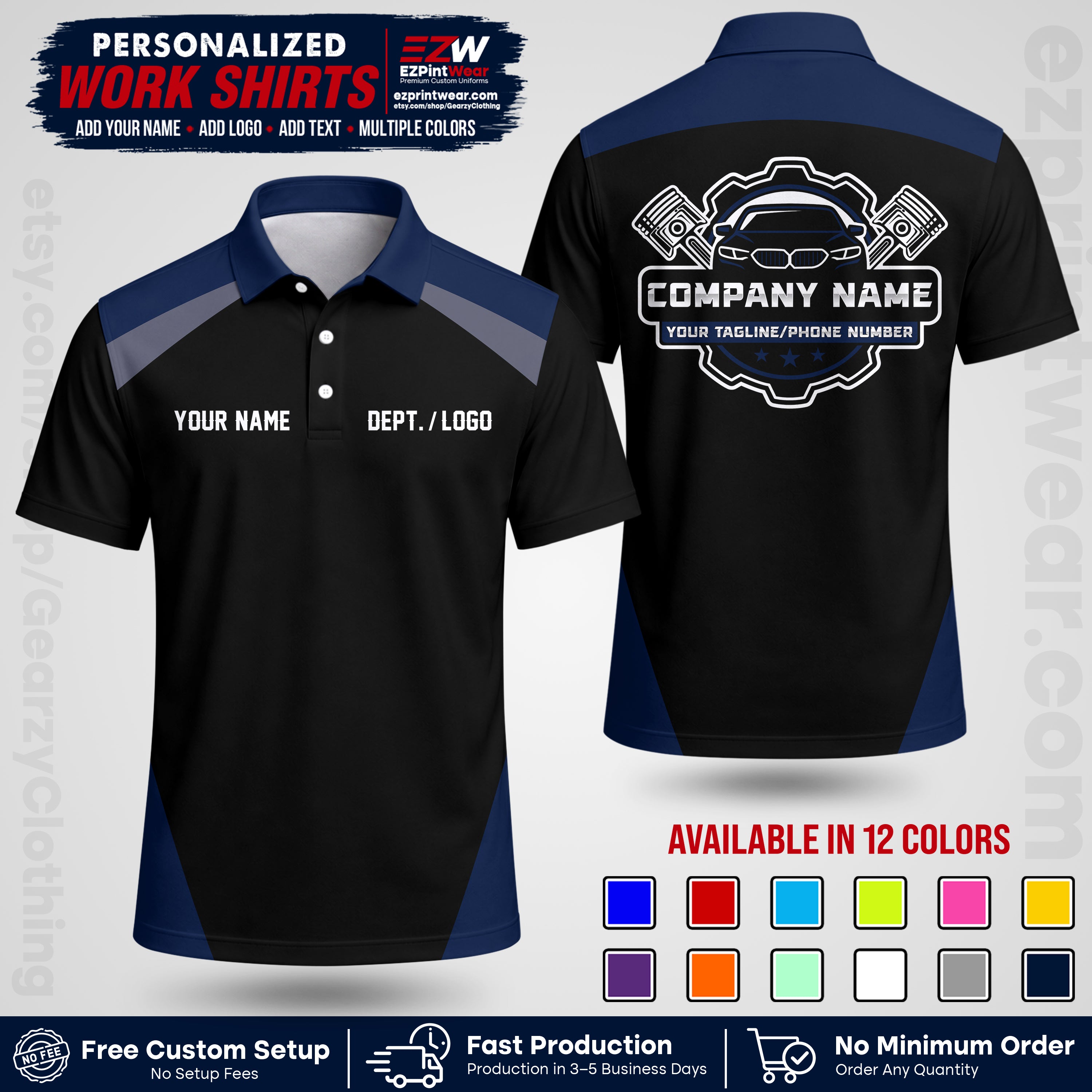 Custom Mechanic Work Shirt with Name, Logo & Text | Auto Shop Uniform | Workwear MCN 03