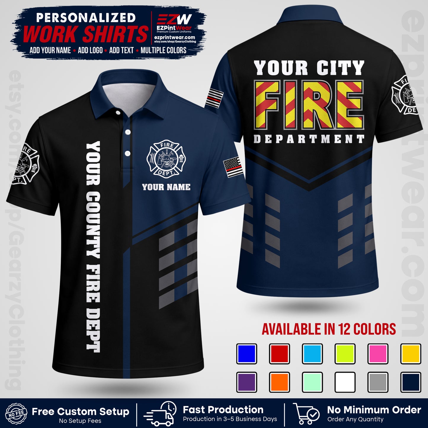 Custom Fire Department Shirt with Name, City Logo & Text | Firefighter Uniform | Button Up Work Shirt FF06