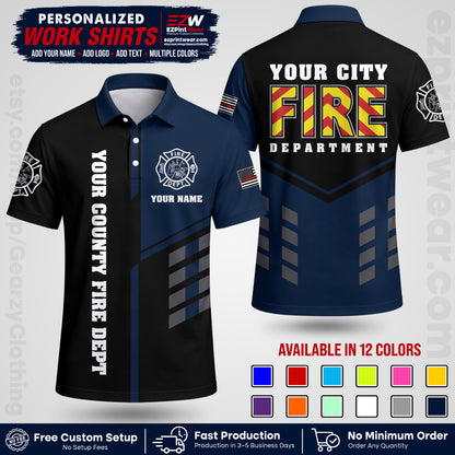 Custom Fire Department Shirt with Name, City Logo & Text | Firefighter Uniform | Button Up Work Shirt FF06