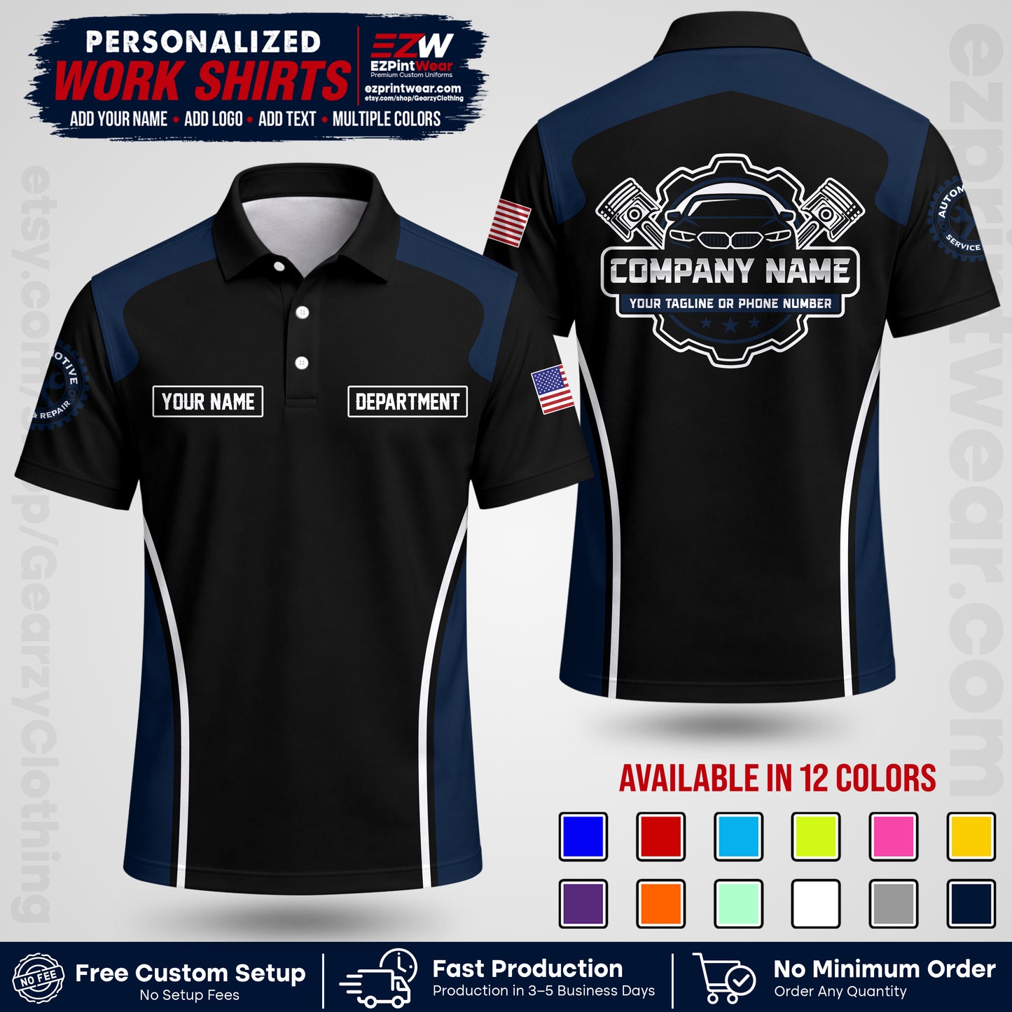 Custom Mechanic Work Shirt with Name, Logo & Text | Auto Shop Uniform | Workwear MCN 10