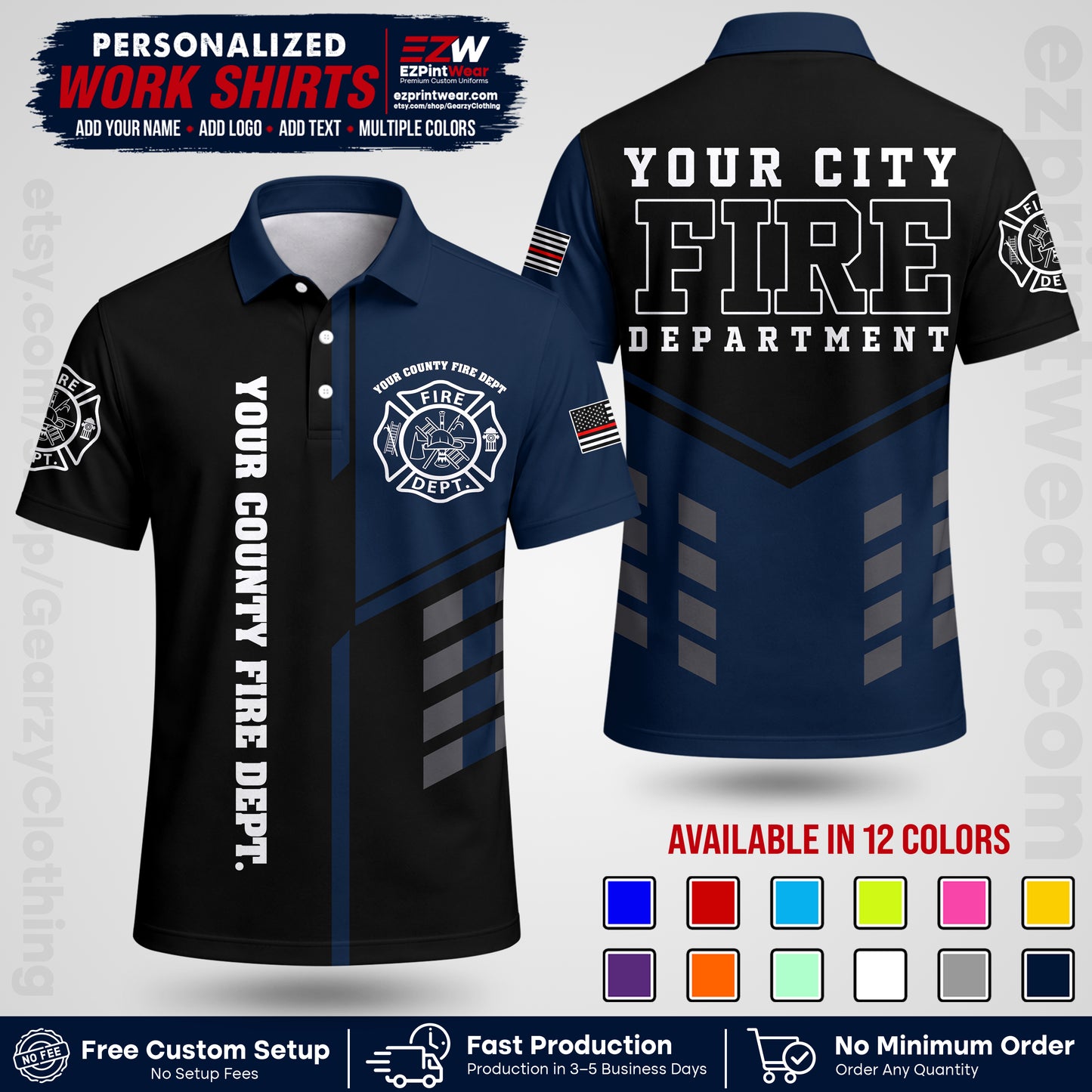 Custom Fire Department Shirt with Name, City Logo & Text | Firefighter Uniform | Button Up Work Shirt FF03