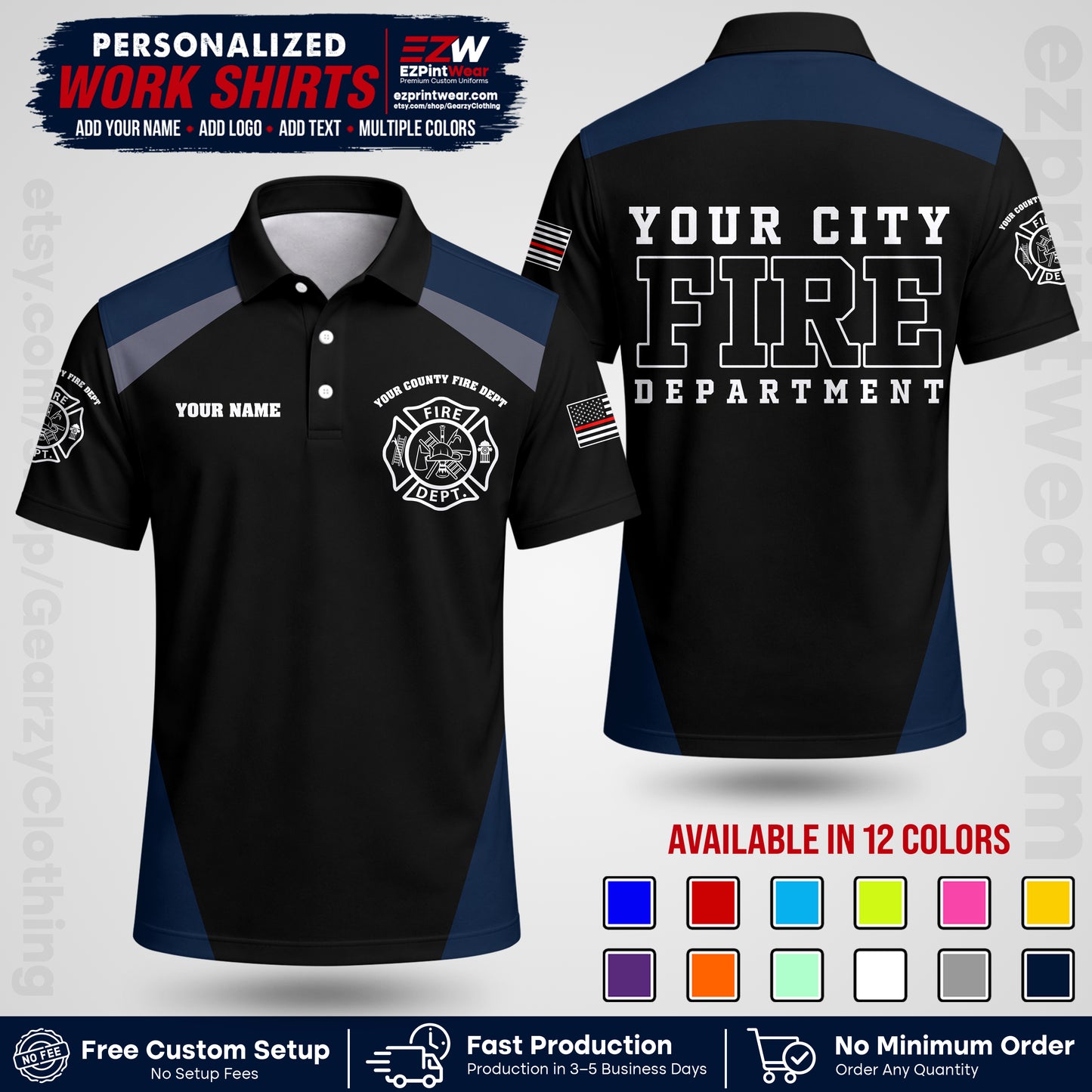 Custom Fire Department Shirt with Name, City Logo & Text | Firefighter Uniform | Button Up Work Shirt FF04