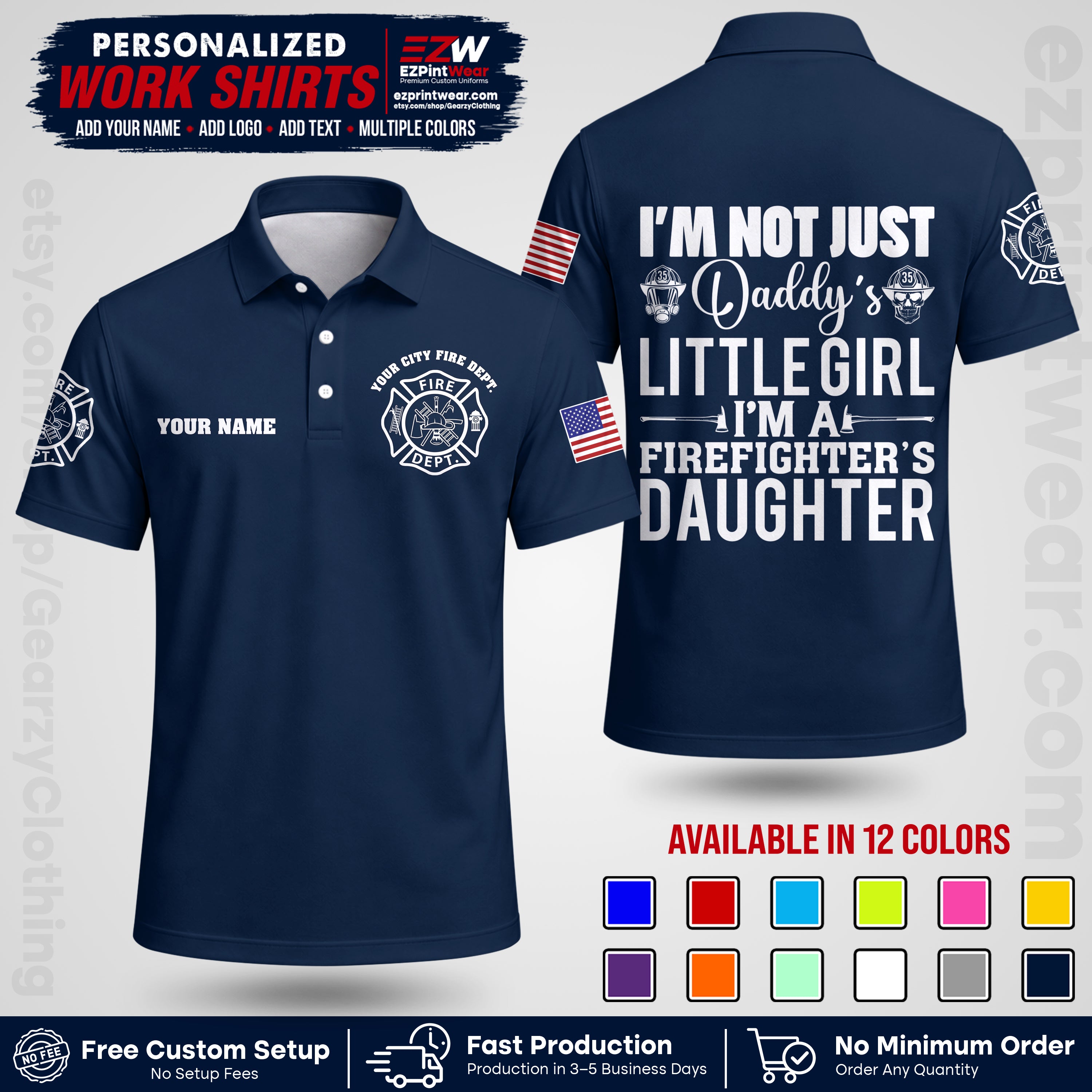 Custom Fire Department Shirt with Name, City Logo & Text | Firefighter Uniform | Button Up Work Shirt FF08