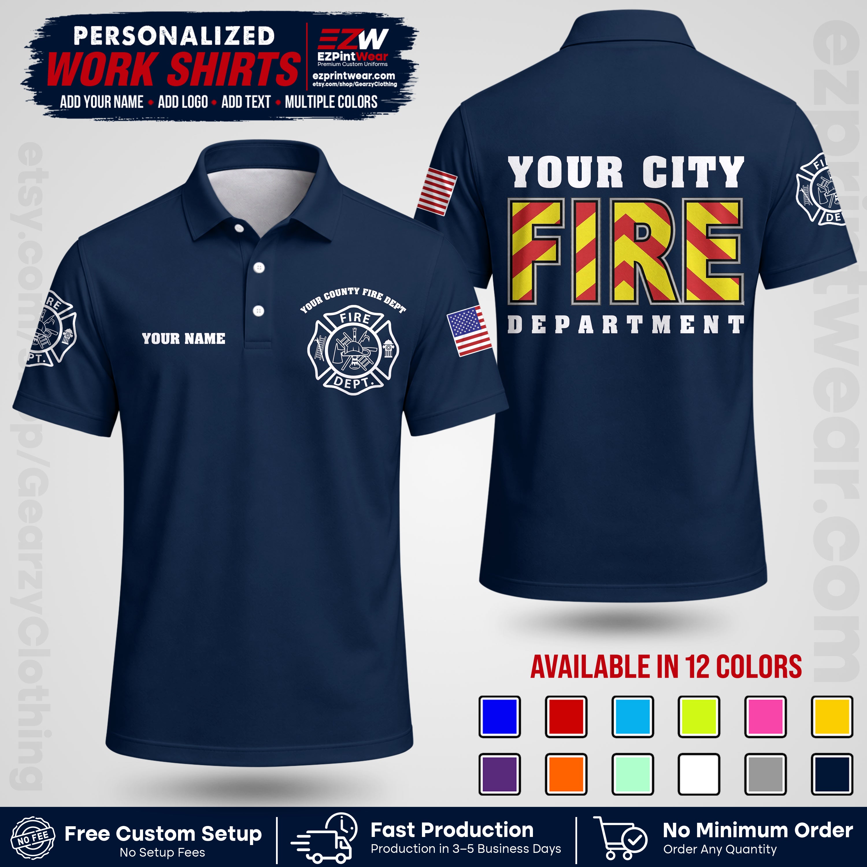 Custom Fire Department Shirt with Name, City Logo & Text | Firefighter Uniform | Button Up Work Shirt FF05