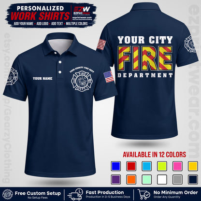 Custom Fire Department Shirt with Name, City Logo & Text | Firefighter Uniform | Button Up Work Shirt FF05