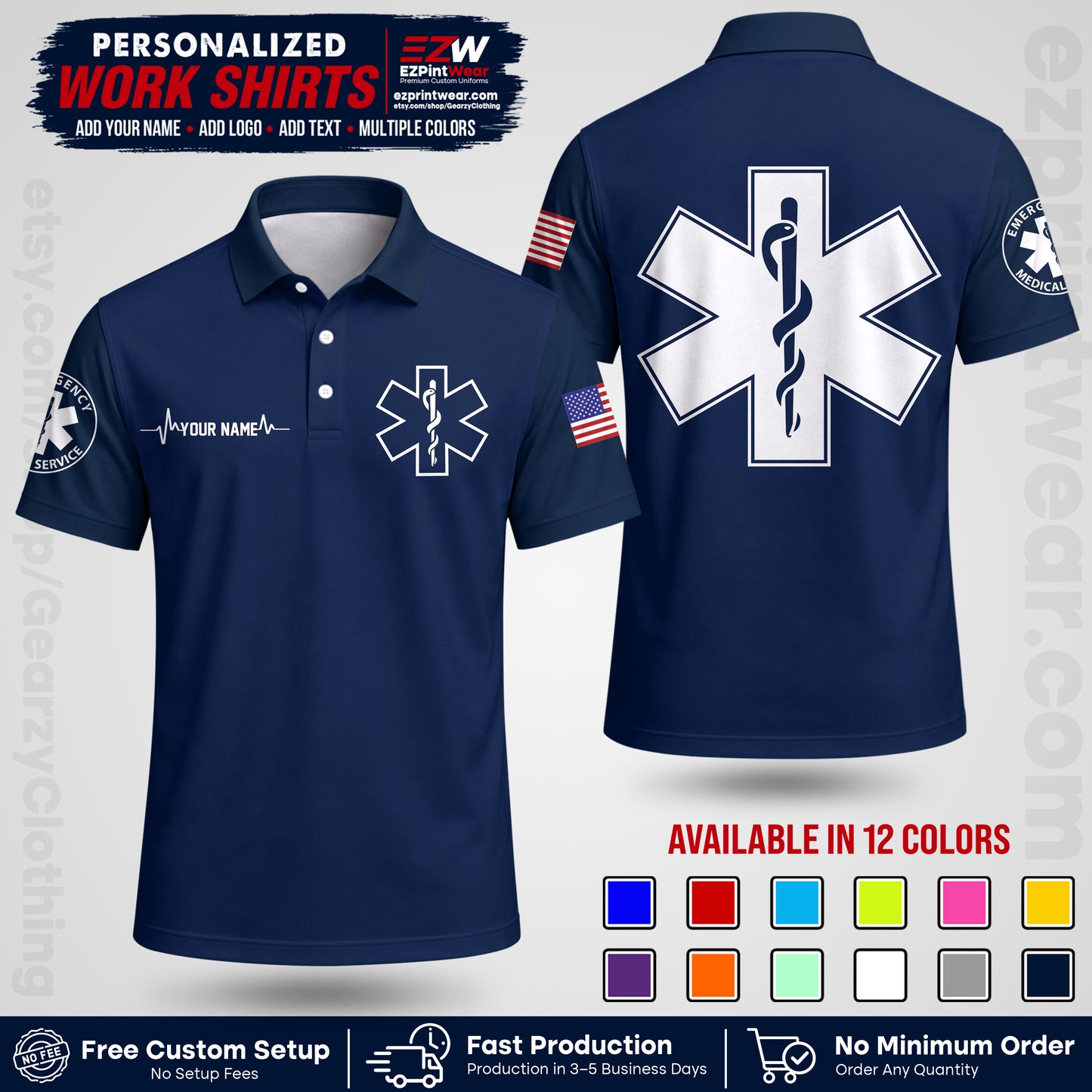 Custom EMS Shirt with Name, Logo & Text | EMS Team Uniform | First Responder Workwear EMSU04
