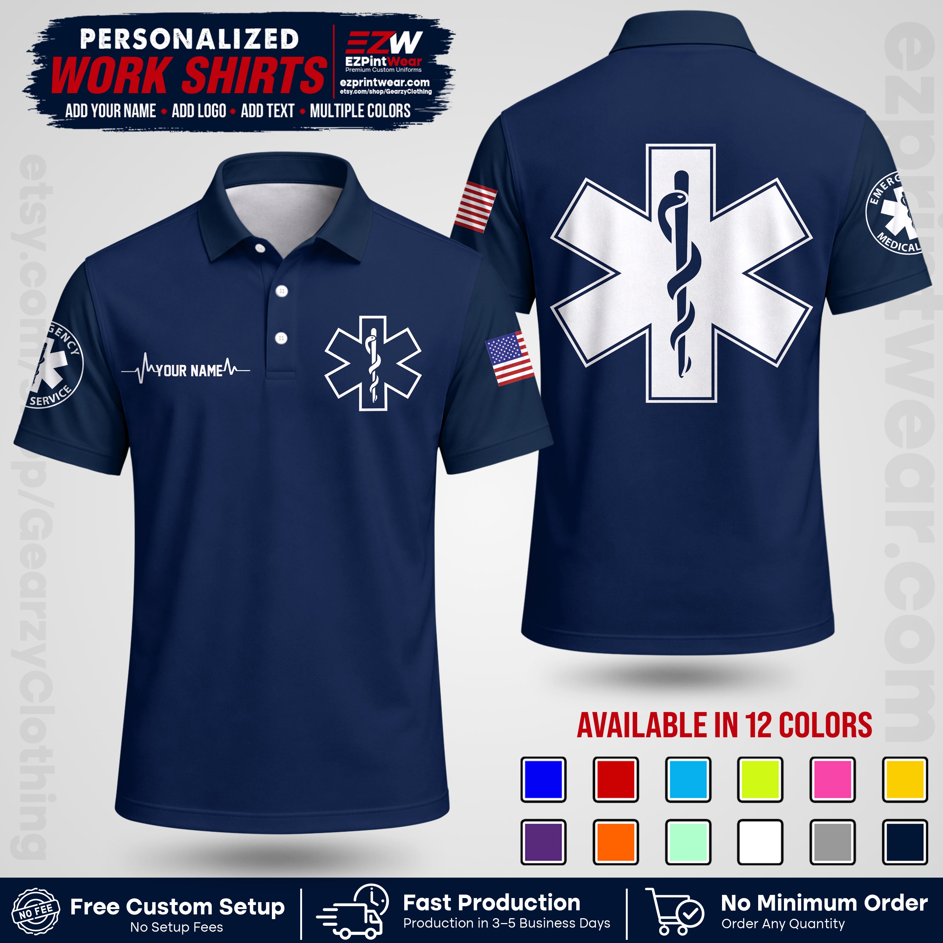 Custom EMS Shirt with Name, Logo & Text | EMS Team Uniform | First Responder Workwear EMSU04