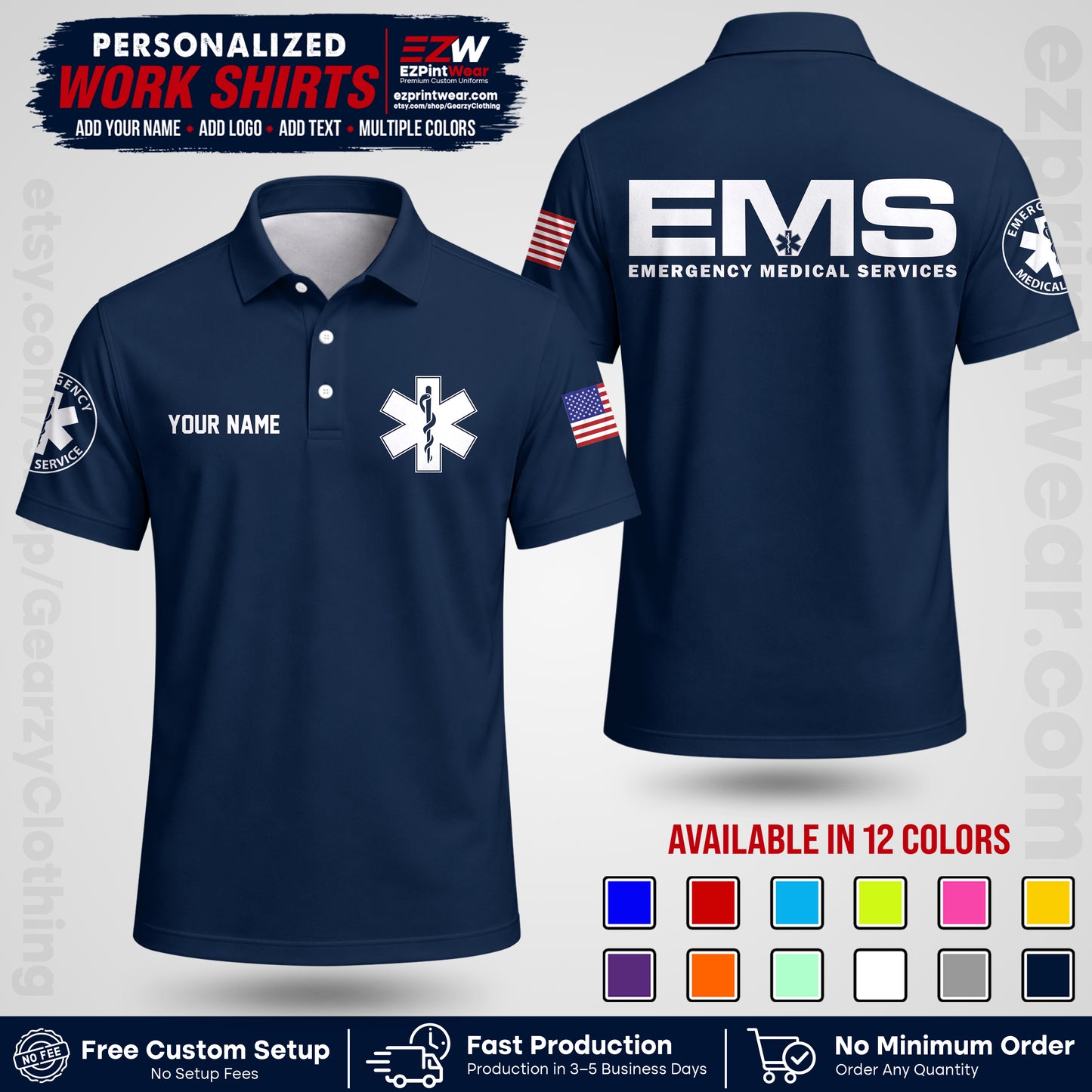 Custom EMS Shirt with Name, Logo & Text | EMS Team Uniform | First Responder Workwear EMSU01