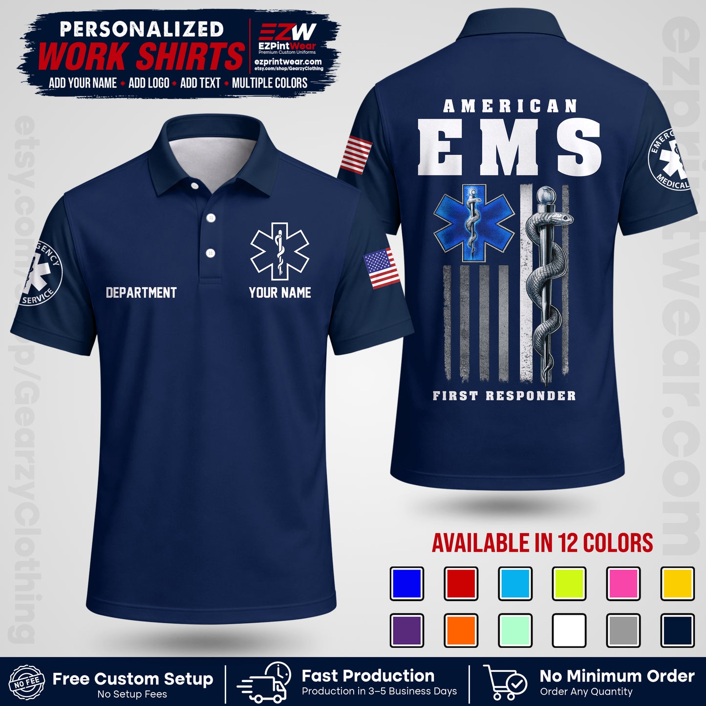 Custom EMS Shirt with Name, Logo & Text | EMS Team Uniform | First Responder Workwear EMSU03