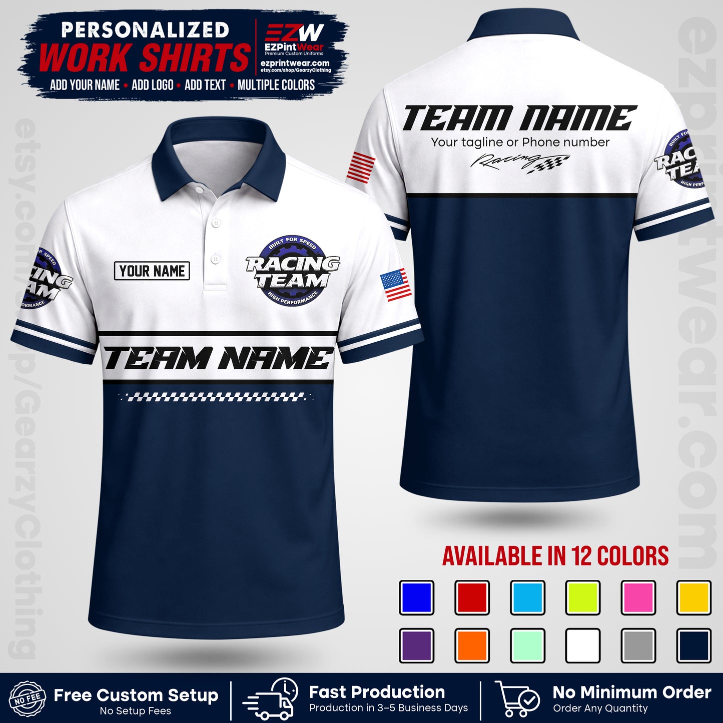 Custom Racing Shirt with Name, Logo & Text | Race Team Uniform | Crew Apparel RC12
