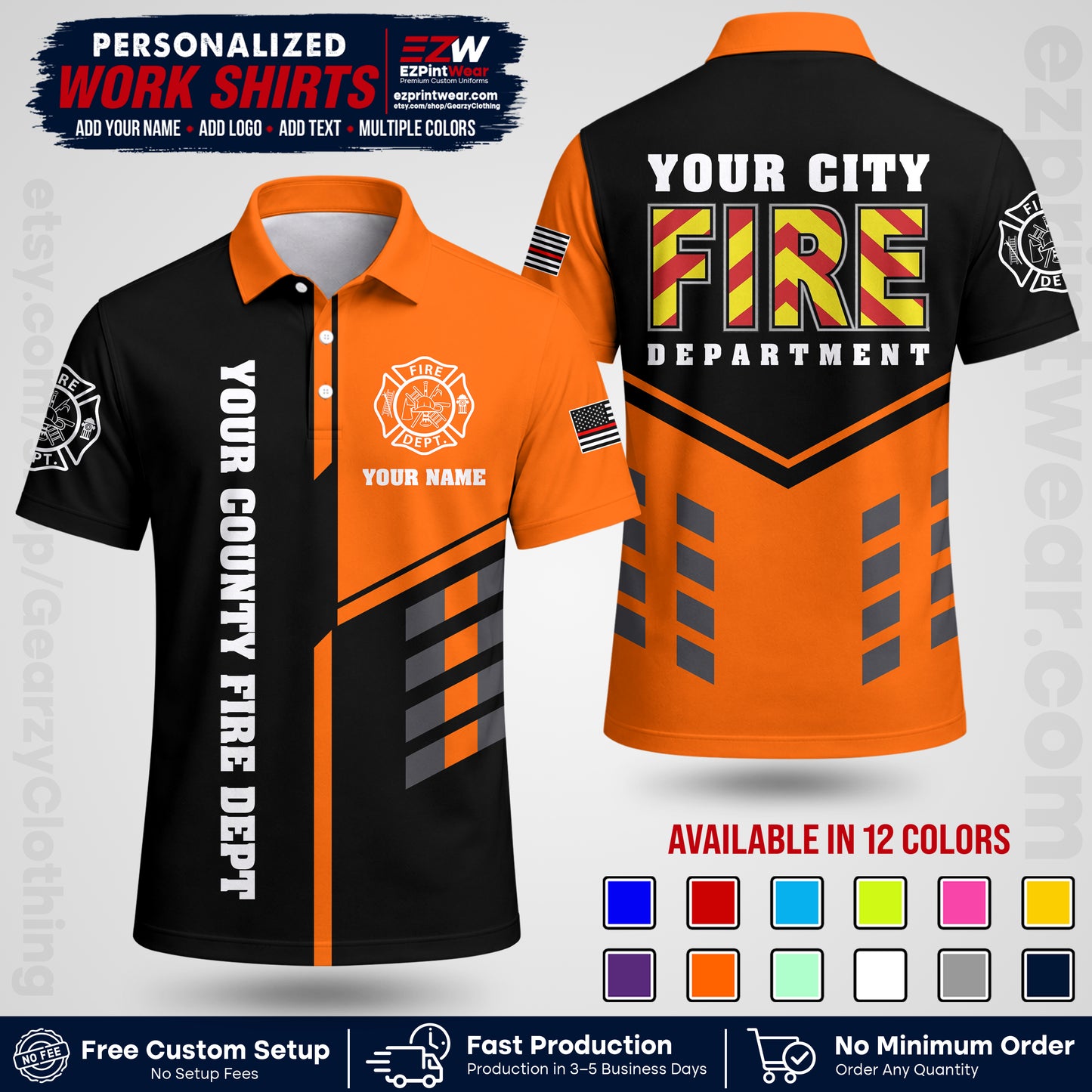 Custom Fire Department Shirt with Name, City Logo & Text | Firefighter Uniform | Button Up Work Shirt FF06