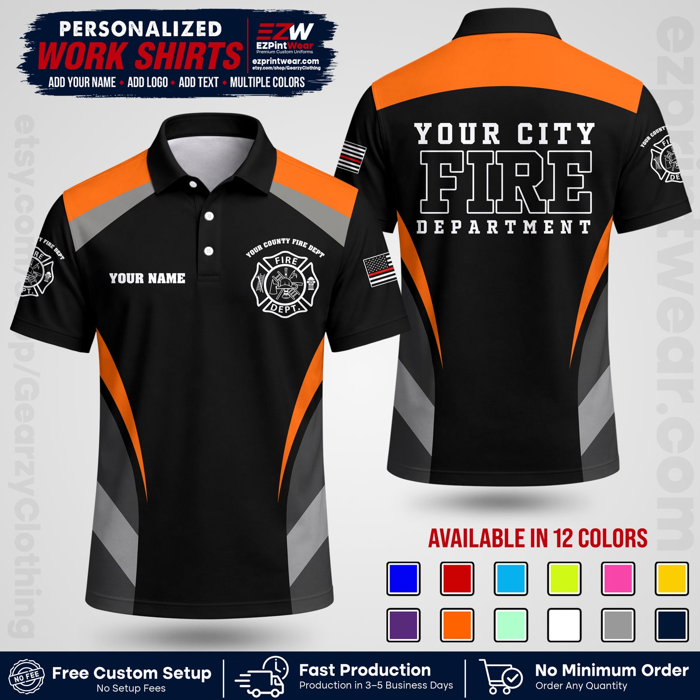 Custom Fire Department Shirt with Name, City Logo & Text | Firefighter Uniform | Button Up Work Shirt FF02