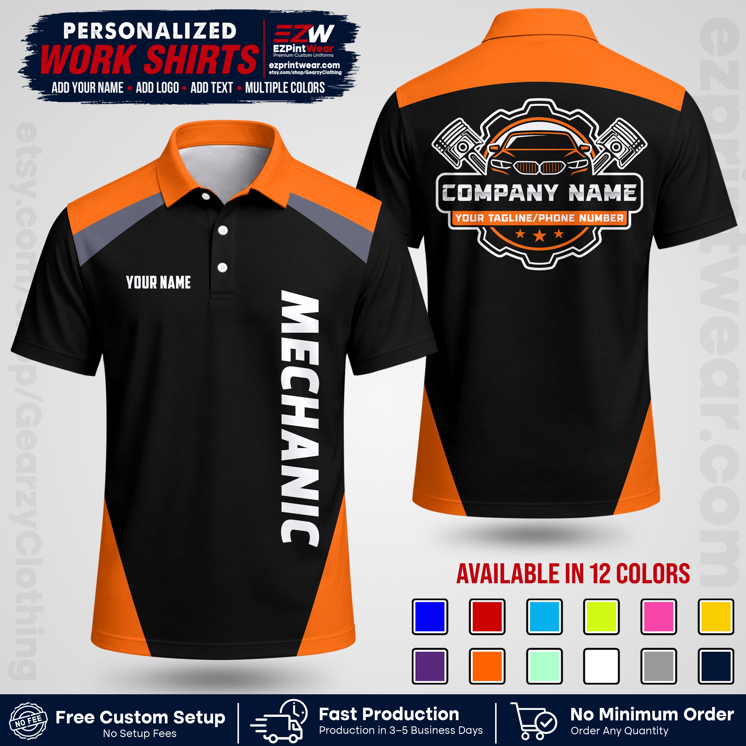 Custom Mechanic Work Shirt with Name, Logo & Text | Auto Shop Uniform | Workwear MCN 02