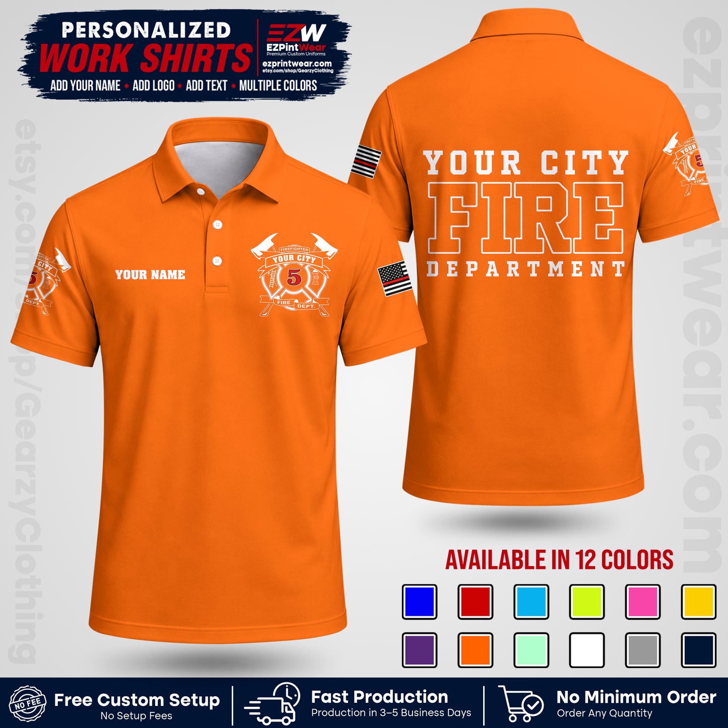 Custom Fire Department Shirt with Name, City Logo & Text | Firefighter Uniform | Button Up Work Shirt FF07
