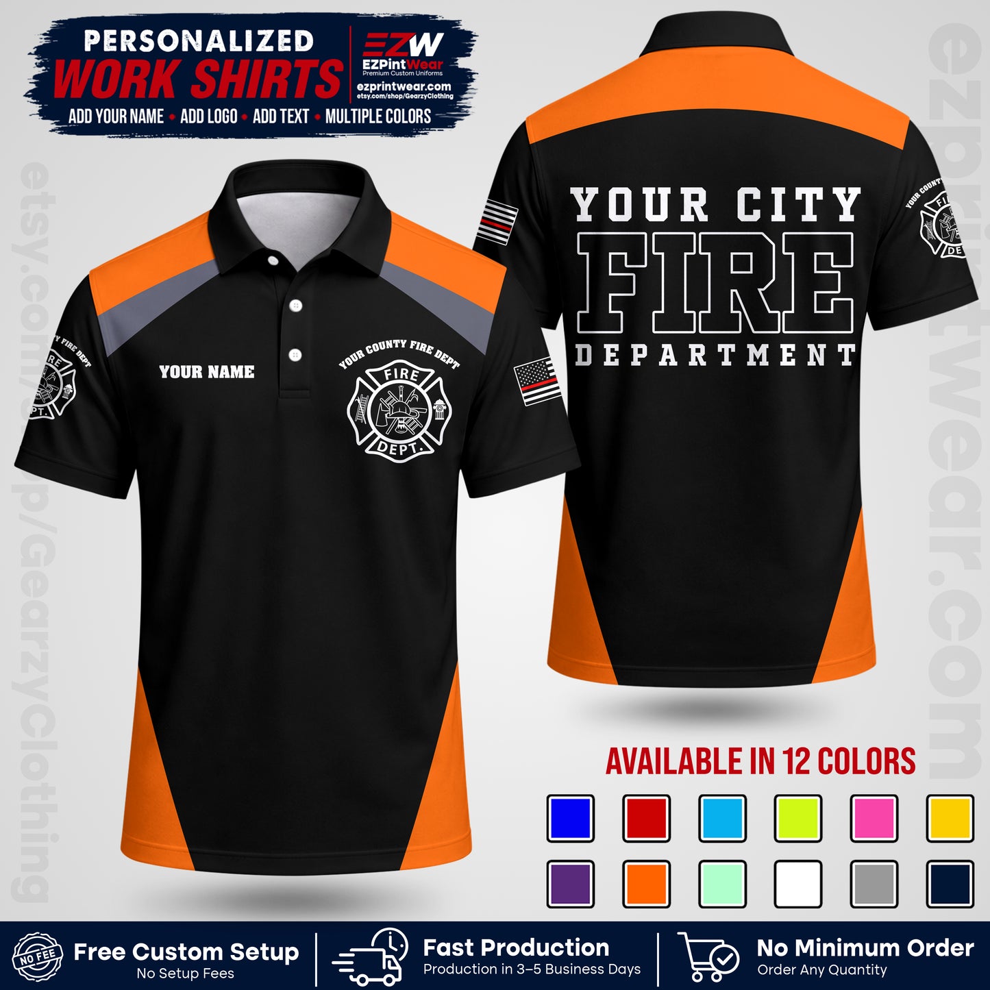 Custom Fire Department Shirt with Name, City Logo & Text | Firefighter Uniform | Button Up Work Shirt FF04
