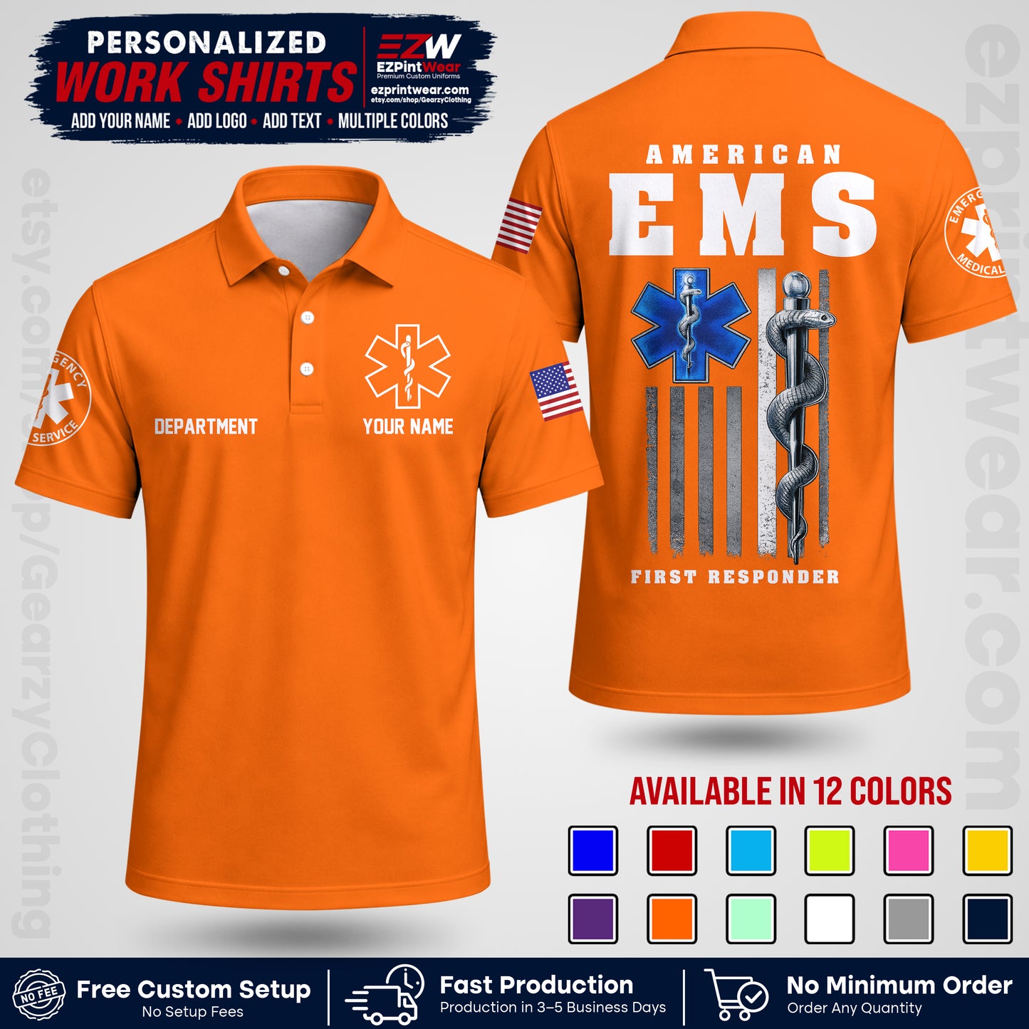 Custom EMS Shirt with Name, Logo & Text | EMS Team Uniform | First Responder Workwear EMSU03