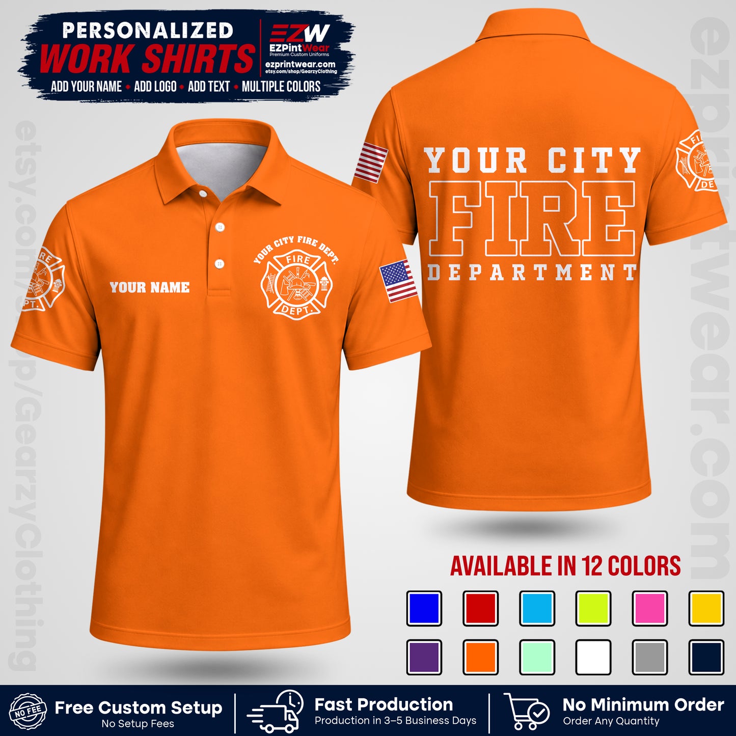 Custom Fire Department Shirt with Name, City Logo & Text | Firefighter Uniform | Button Up Work Shirt FF01