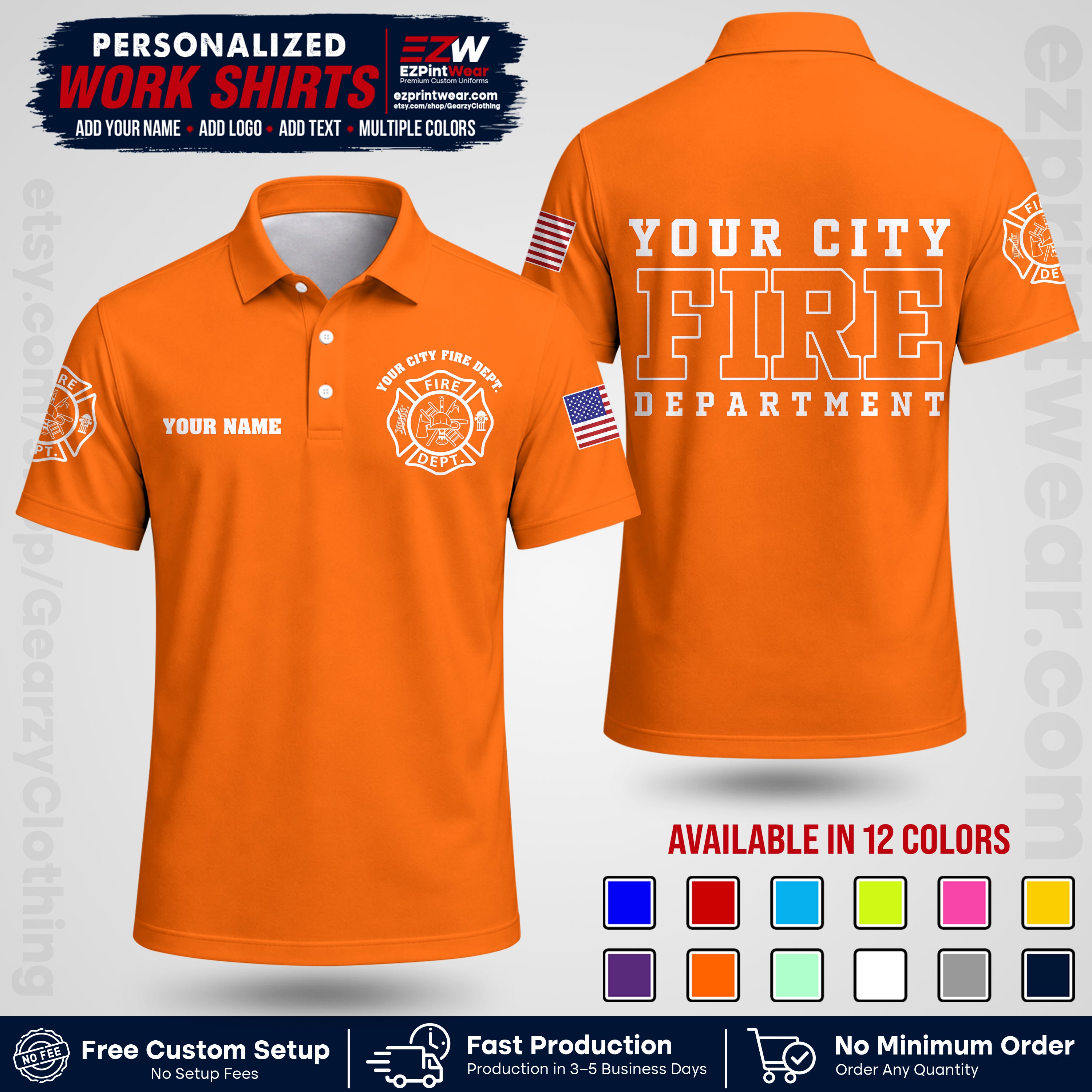 Custom Fire Department Shirt with Name, City Logo & Text | Firefighter Uniform | Button Up Work Shirt FF01