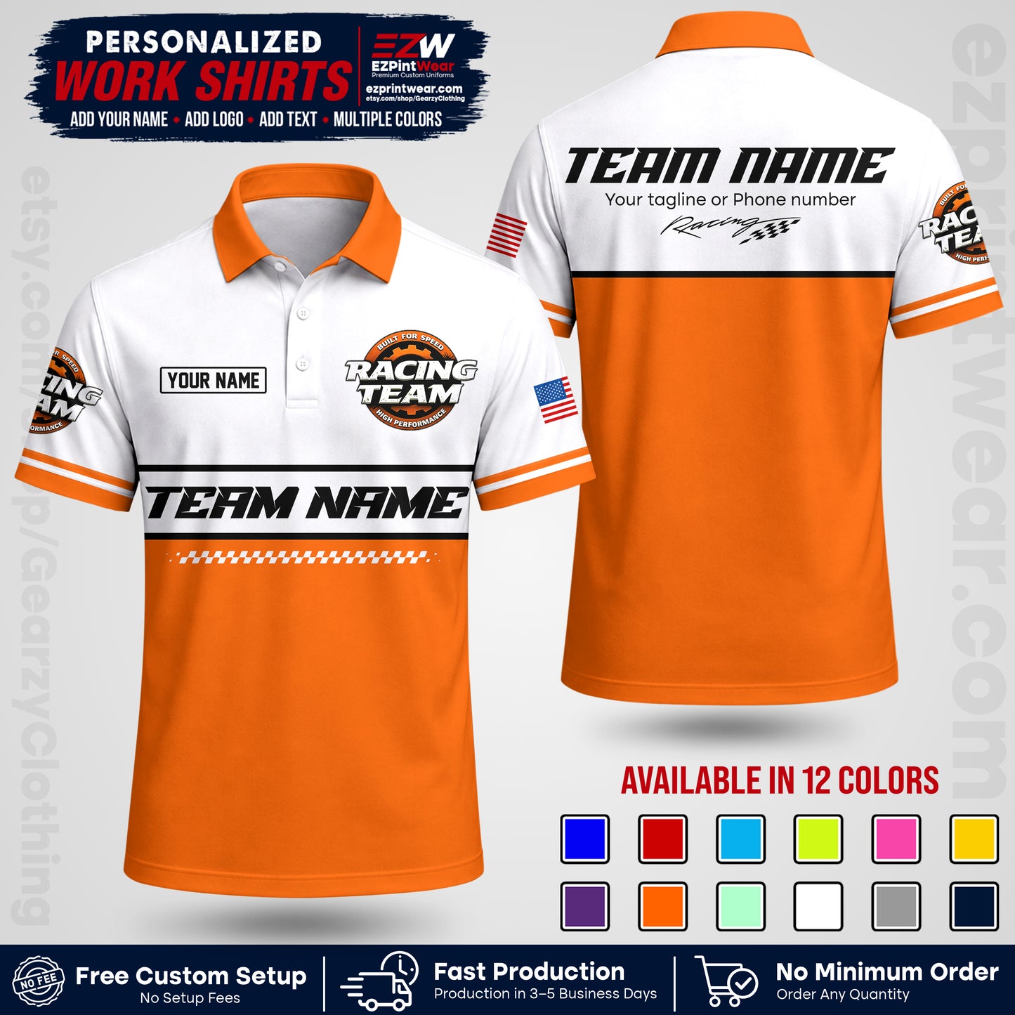 Custom Racing Shirt with Name, Logo & Text | Race Team Uniform | Crew Apparel RC12