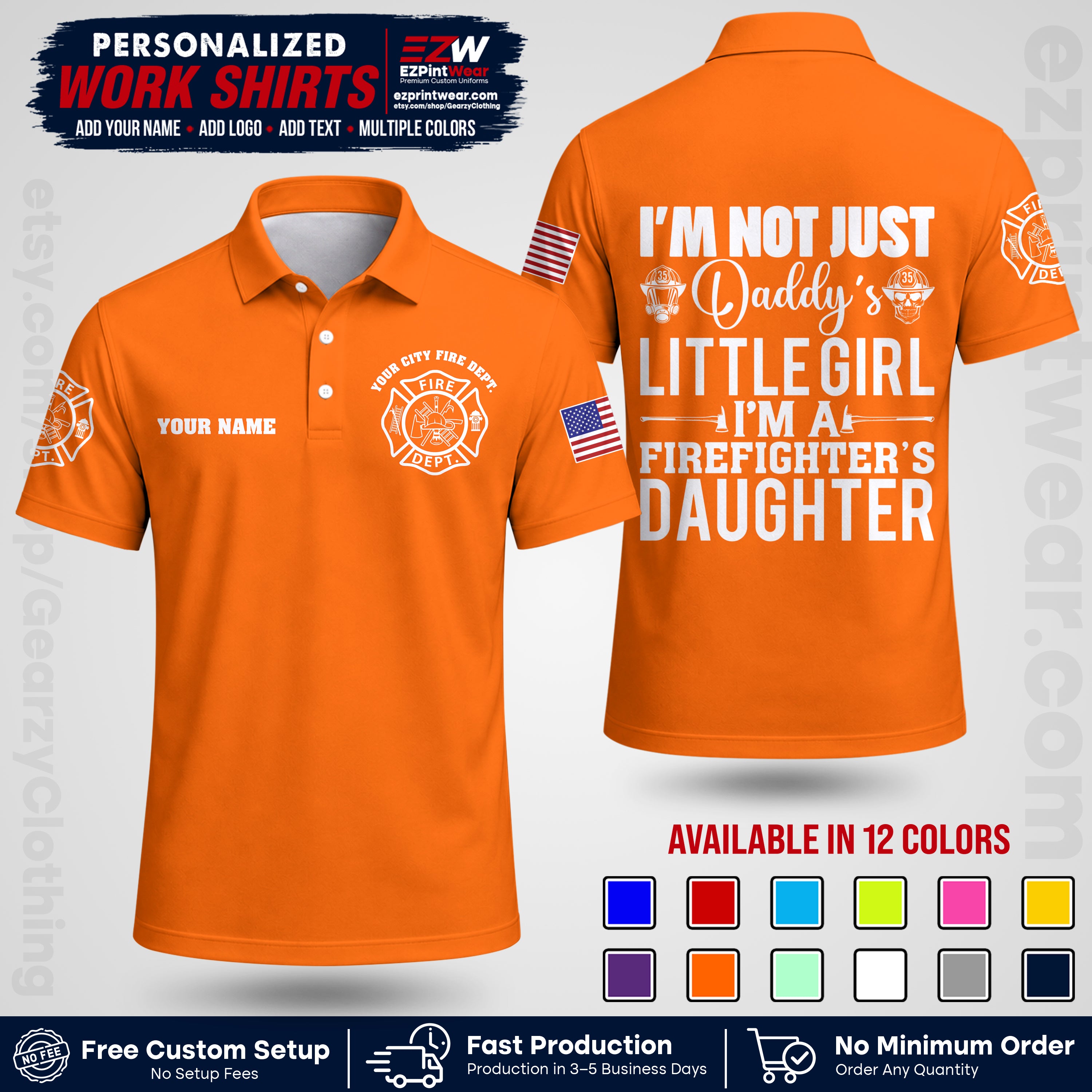 Custom Fire Department Shirt with Name, City Logo & Text | Firefighter Uniform | Button Up Work Shirt FF08