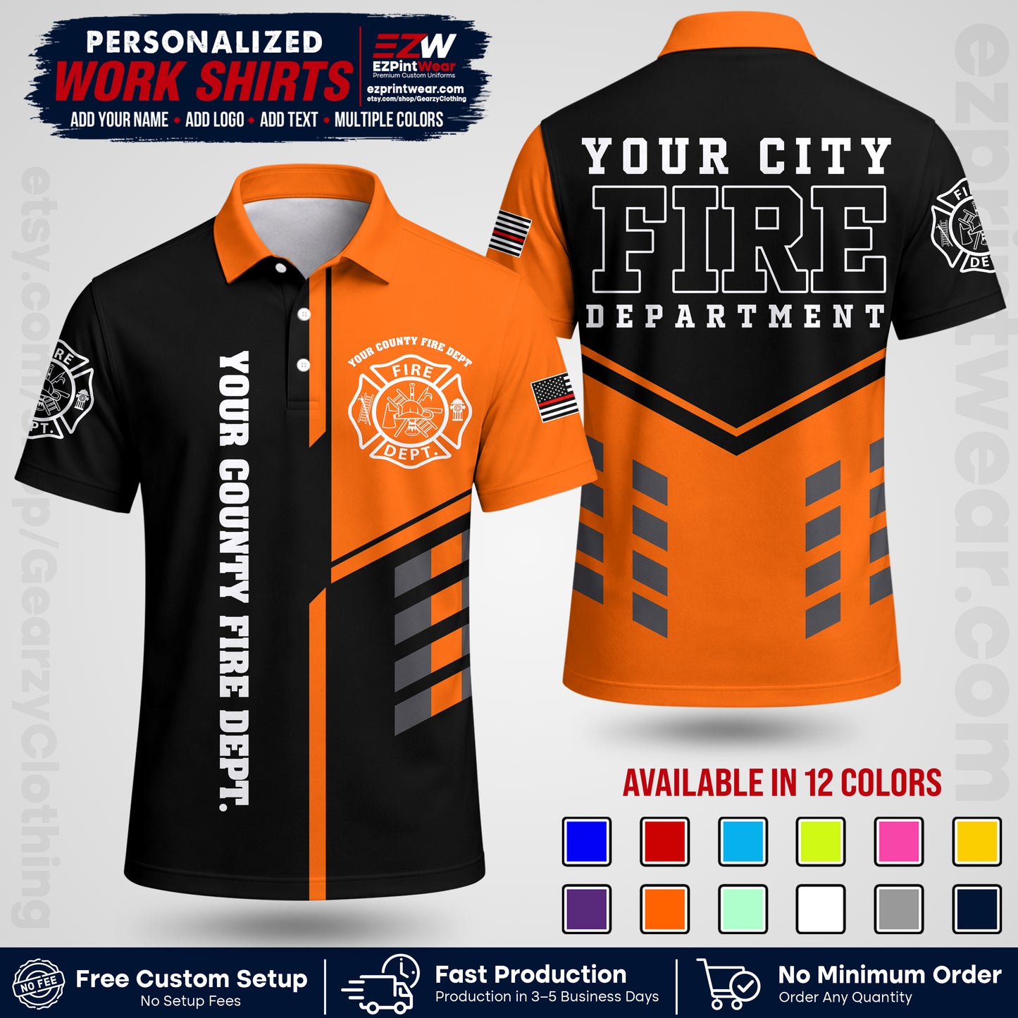 Custom Fire Department Shirt with Name, City Logo & Text | Firefighter Uniform | Button Up Work Shirt FF03
